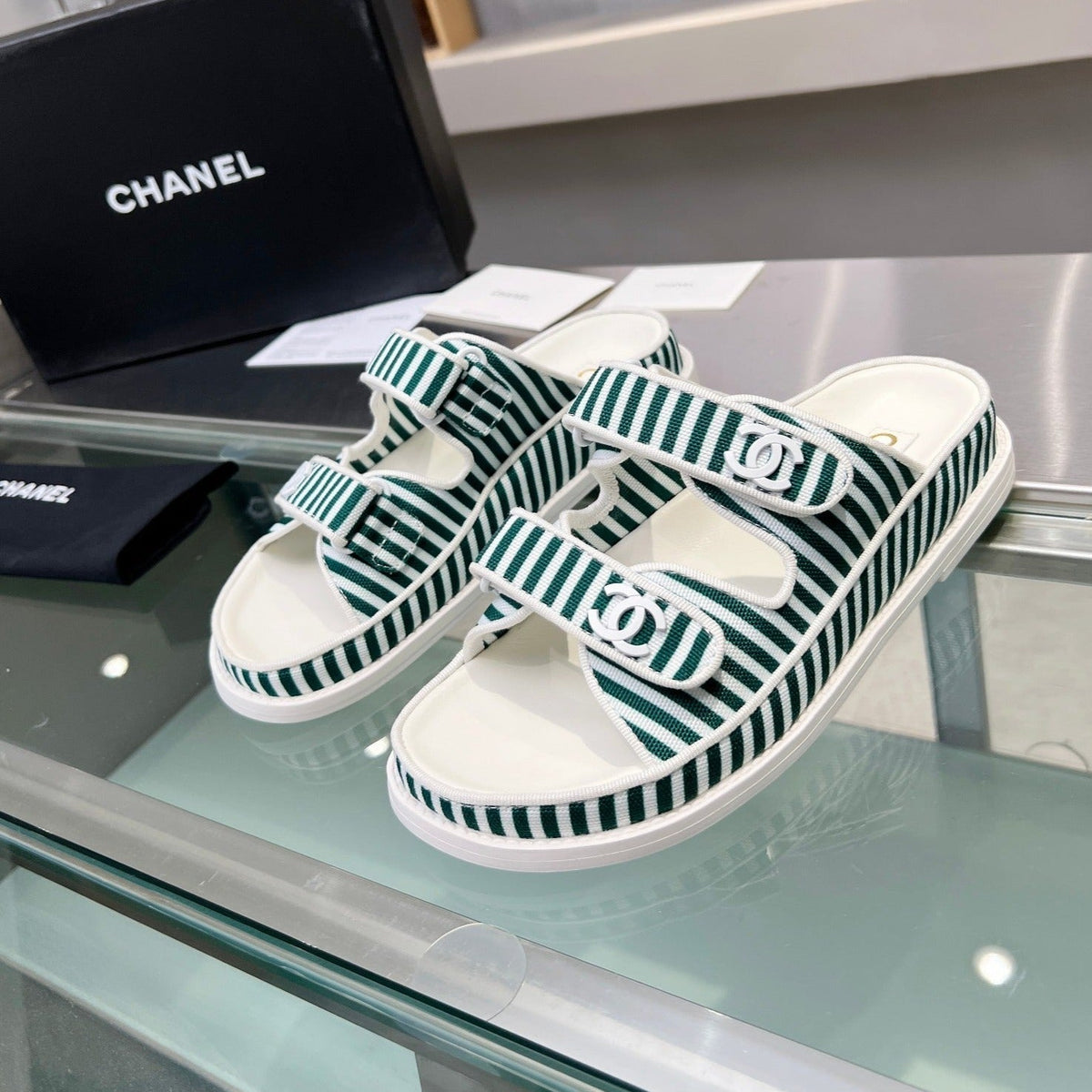 Chanel Stripes Casual Flat Sandals Jade Green White