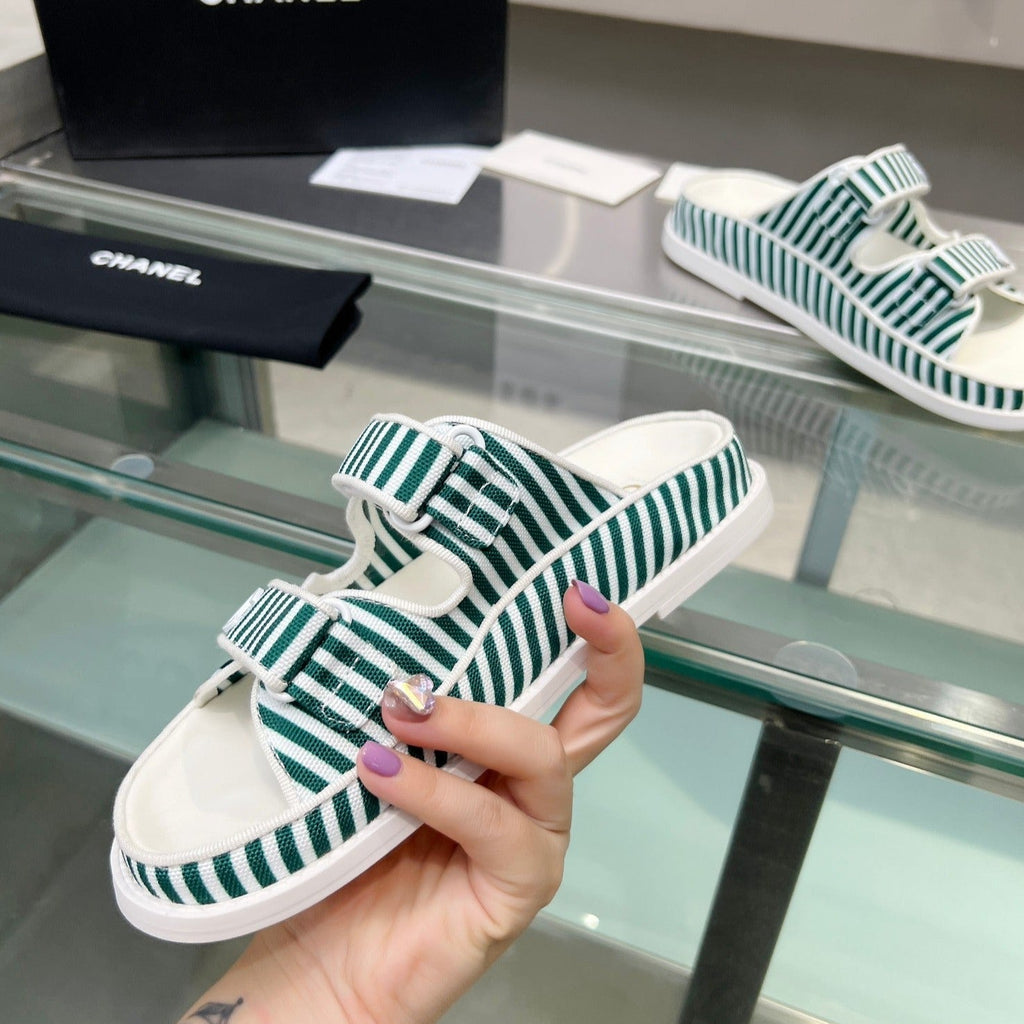 Chanel Stripes Casual Flat Sandals Jade Green White