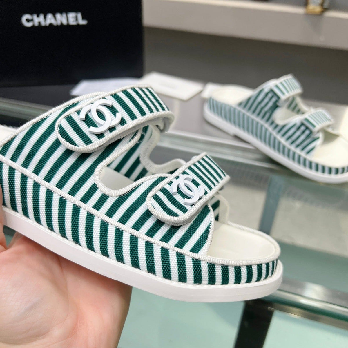 Chanel Stripes Casual Flat Sandals Jade Green White