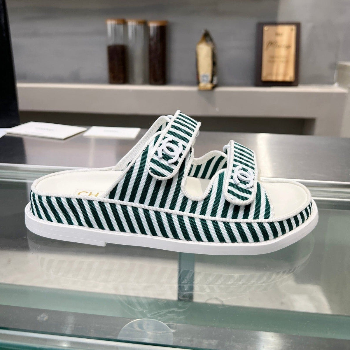 Chanel Stripes Casual Flat Sandals Jade Green White