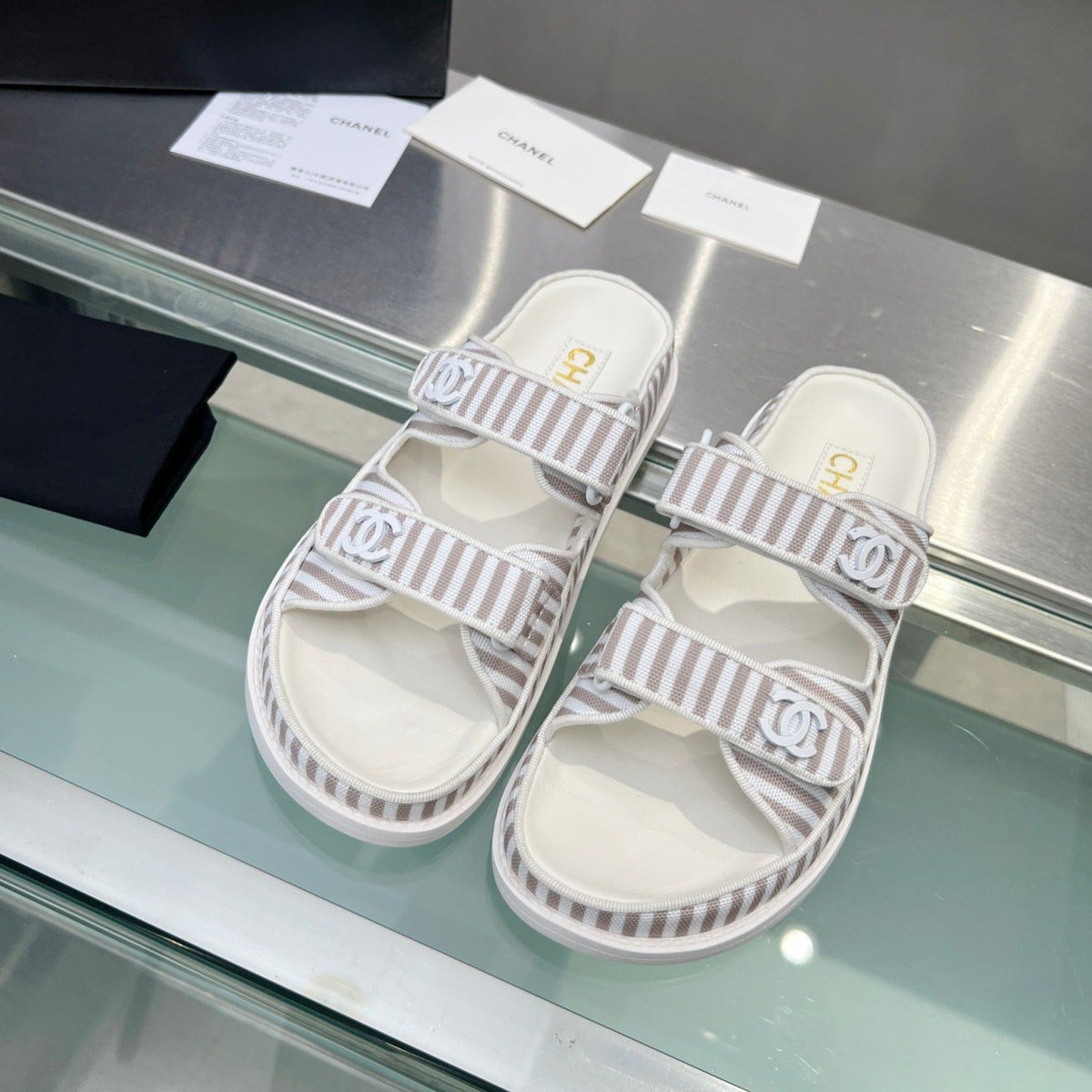 Chanel Stripes Casual Flat Sandals Gray White