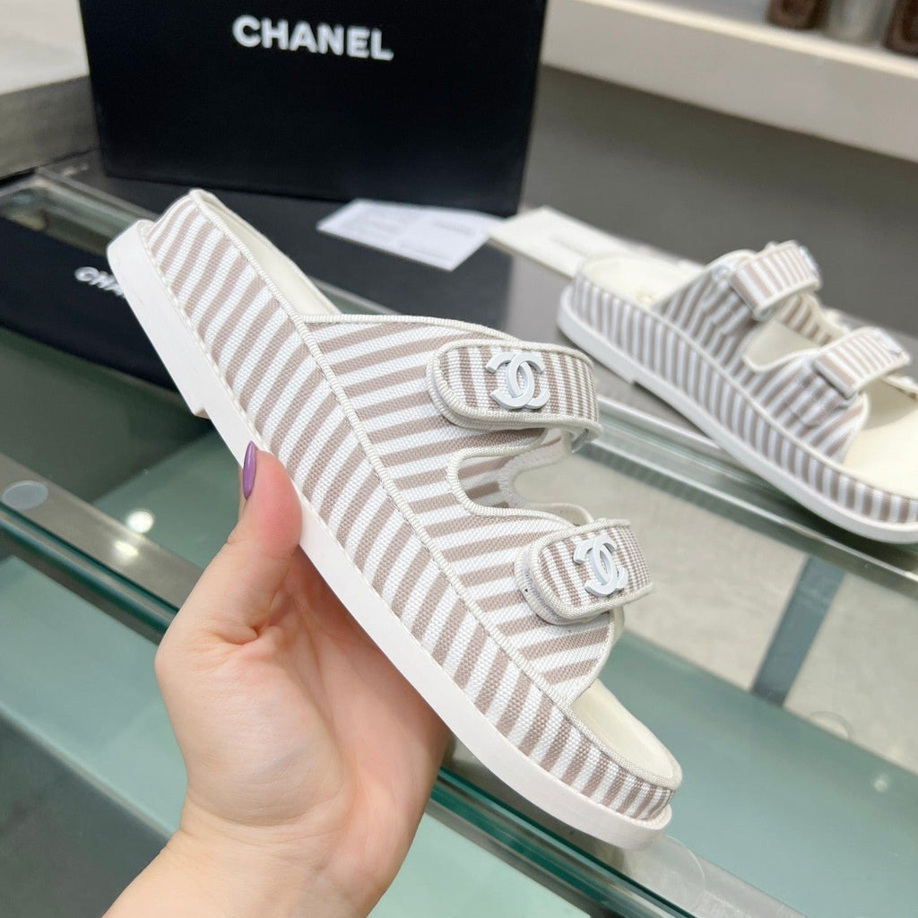 Chanel Stripes Casual Flat Sandals Gray White