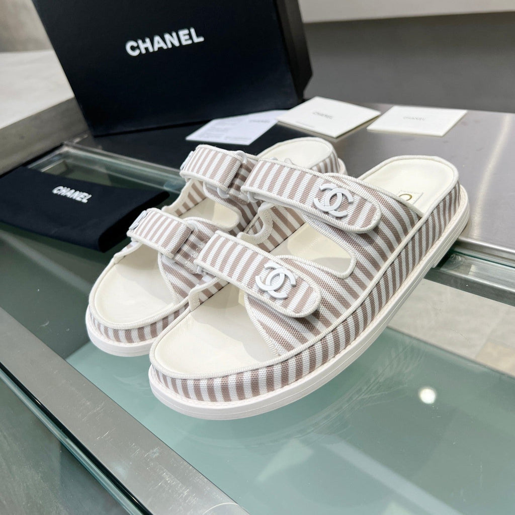 Chanel Stripes Casual Flat Sandals Gray White