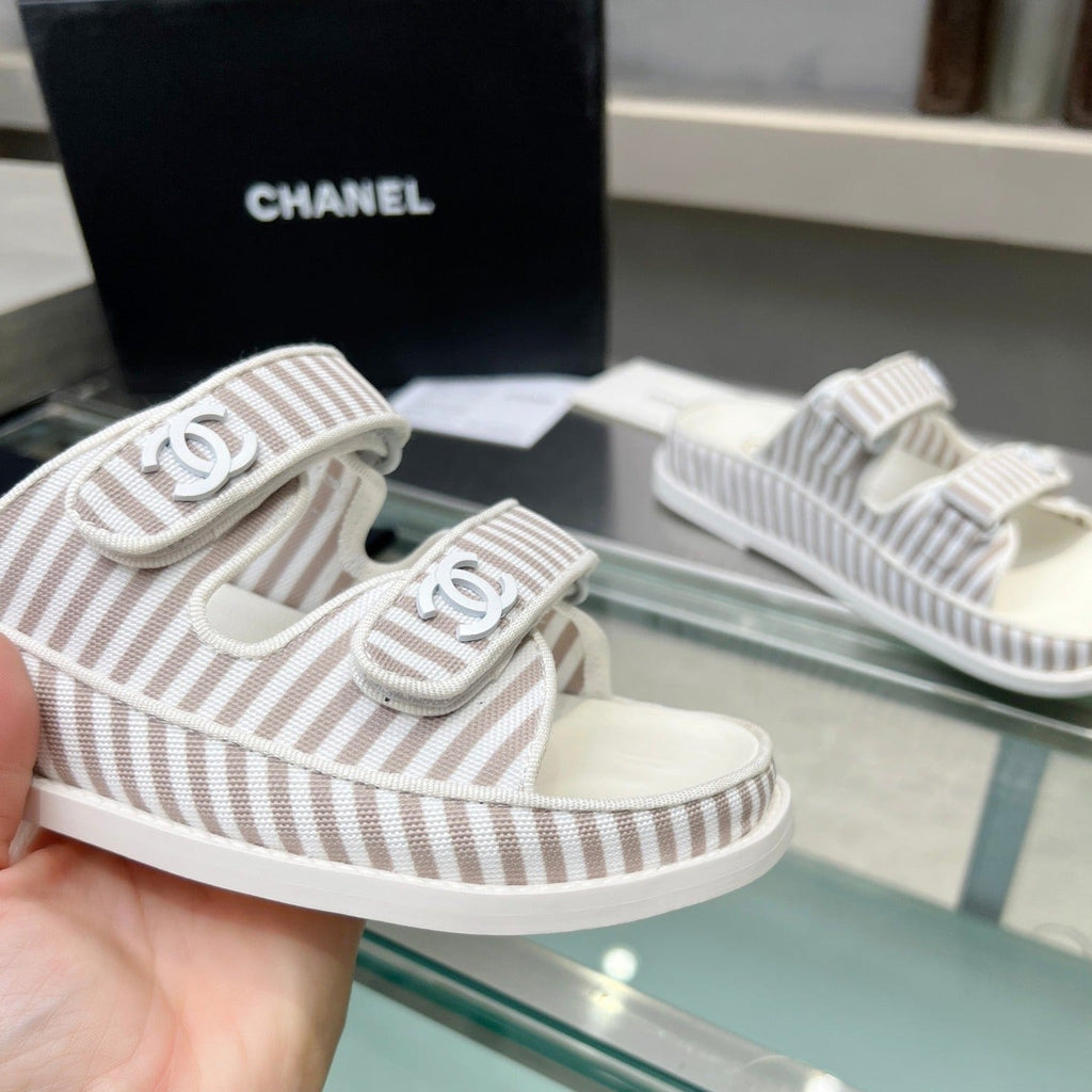 Chanel Stripes Casual Flat Sandals Gray White