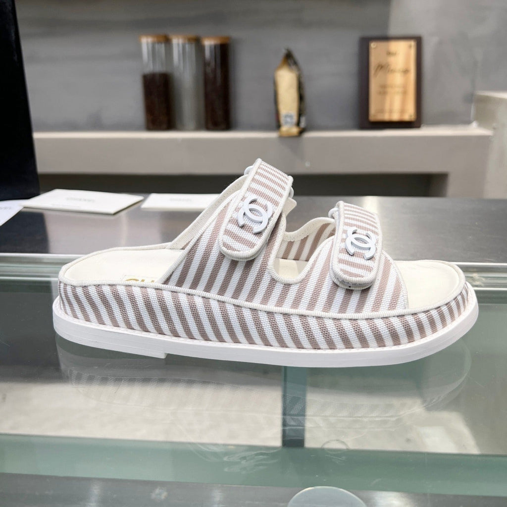 Chanel Stripes Casual Flat Sandals Gray White