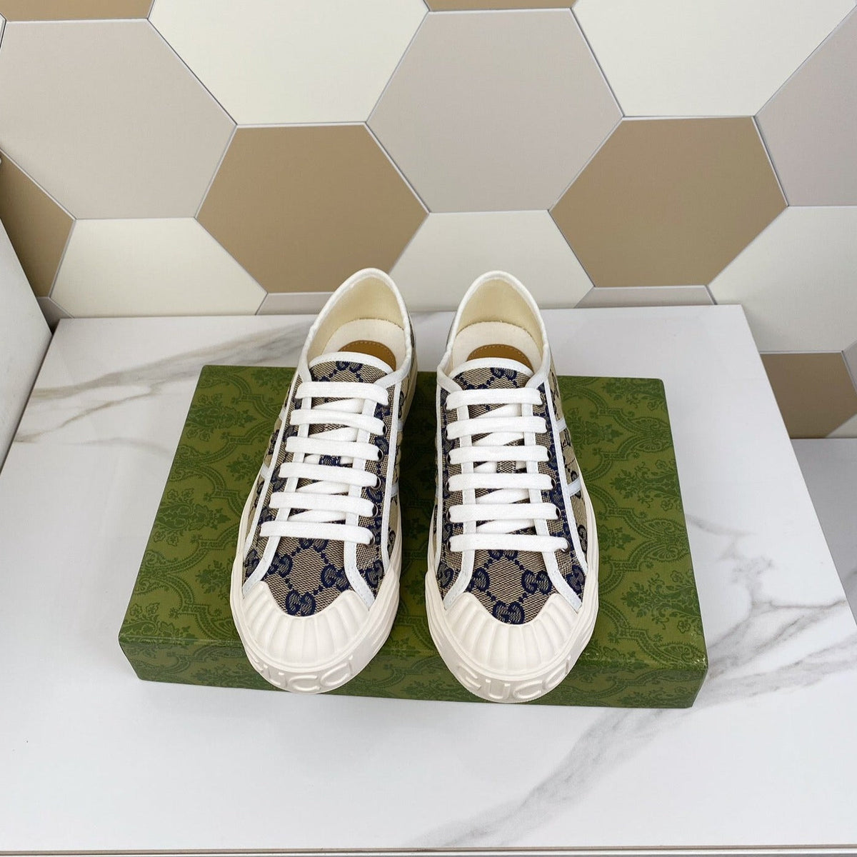 Gucci Julio Sneaker with Web Navy Patterned Canvas