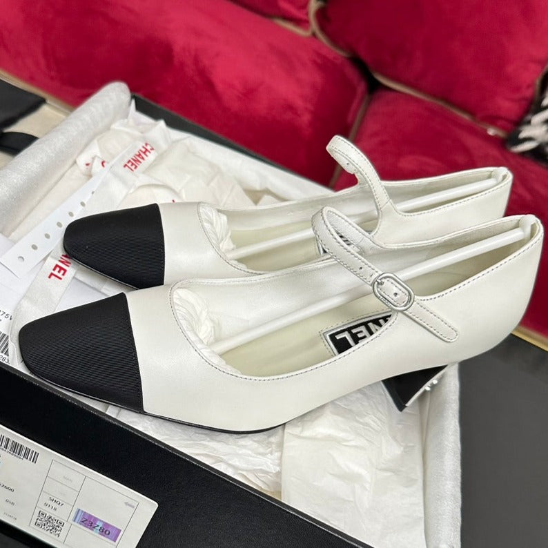 Chanel High Mary Jane in White Calfskin and Black Satin