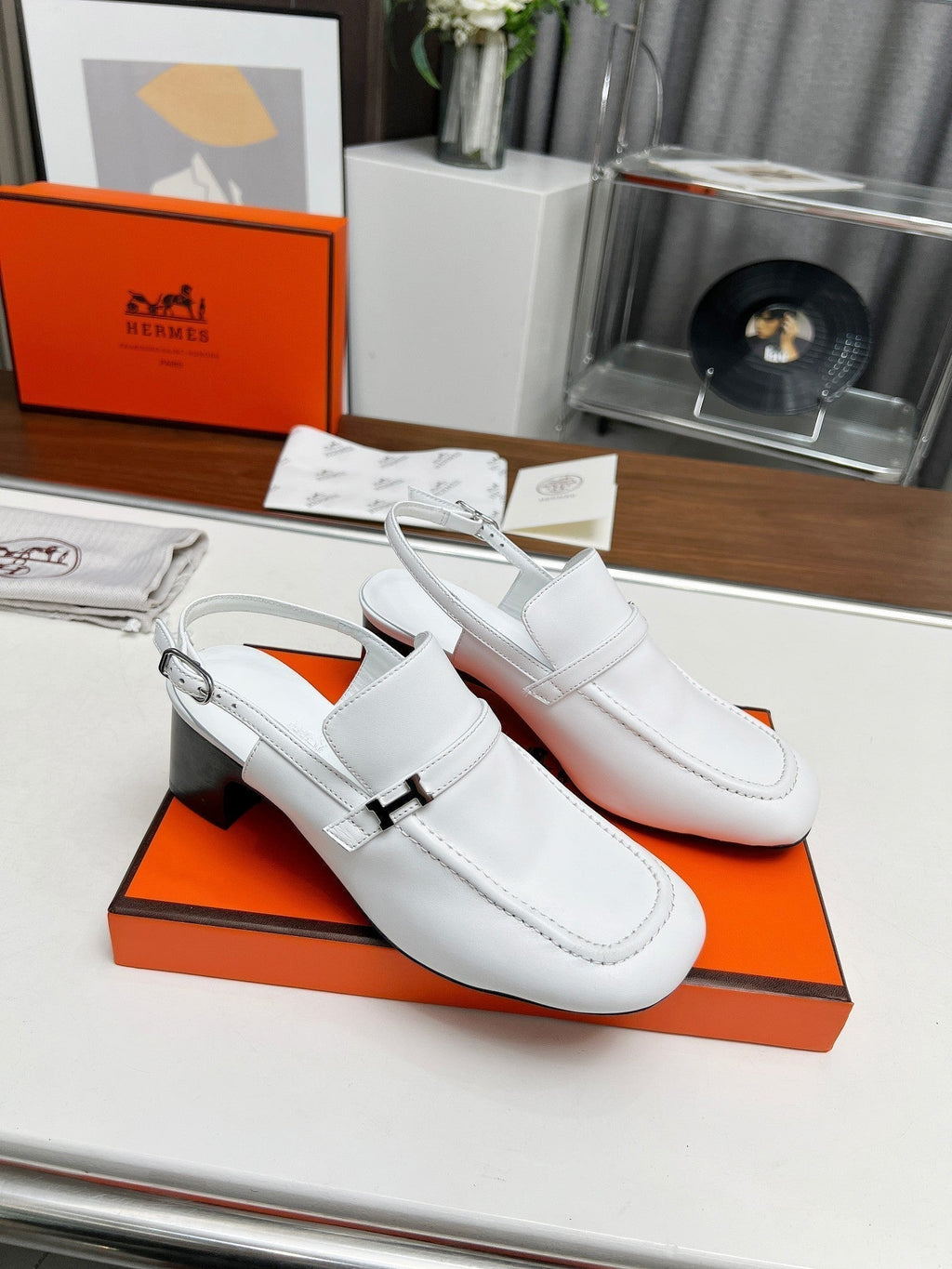 Hermes Square Toe Slingback Snow Calfskin