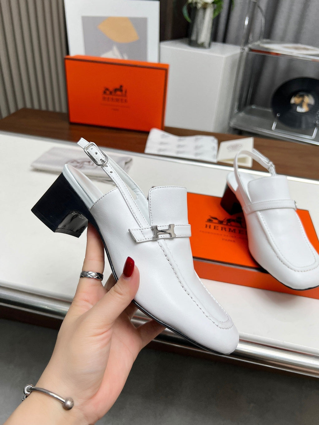 Hermes Square Toe Slingback Snow Calfskin