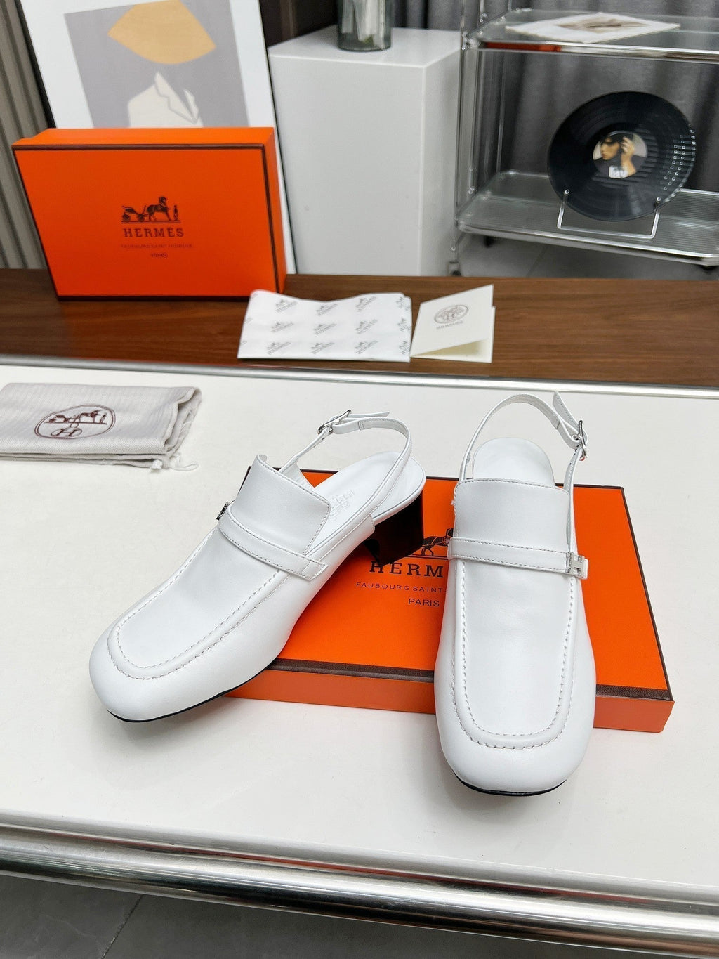 Hermes Square Toe Slingback Snow Calfskin