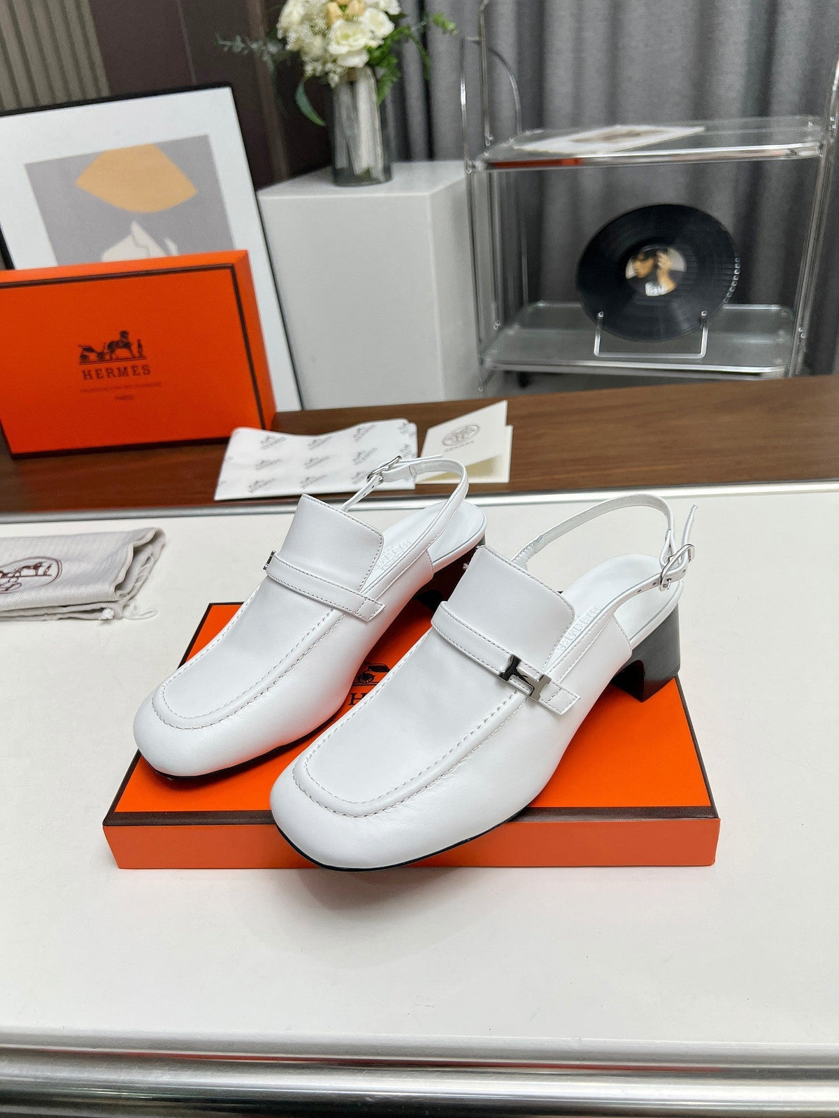 Hermes Square Toe Slingback Snow Calfskin