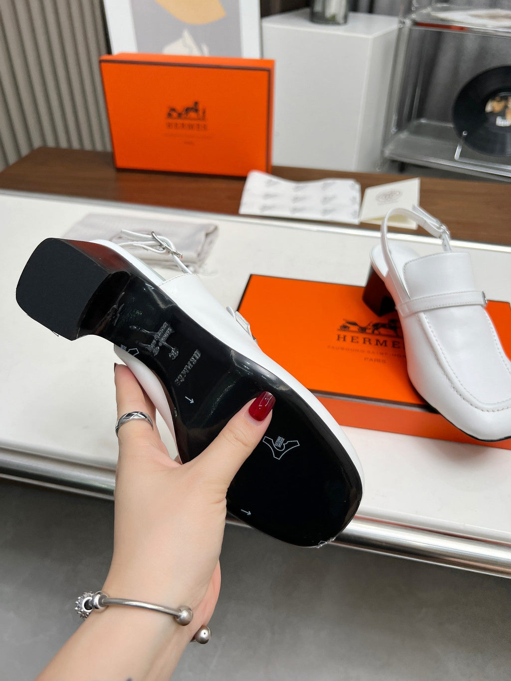 Hermes Square Toe Slingback Snow Calfskin