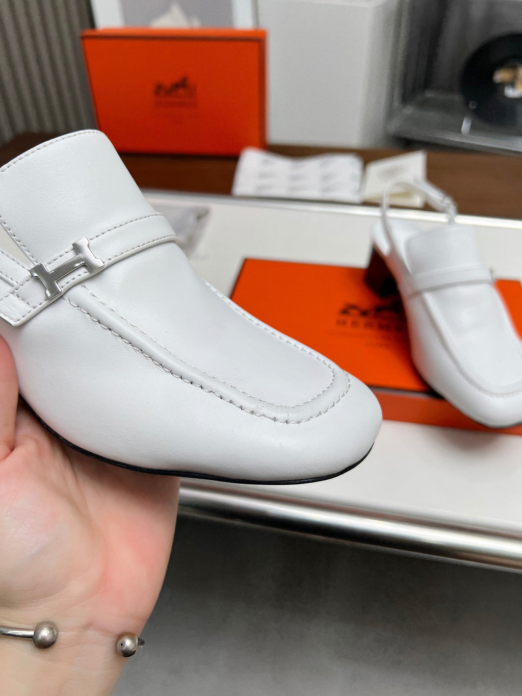 Hermes Square Toe Slingback Snow Calfskin