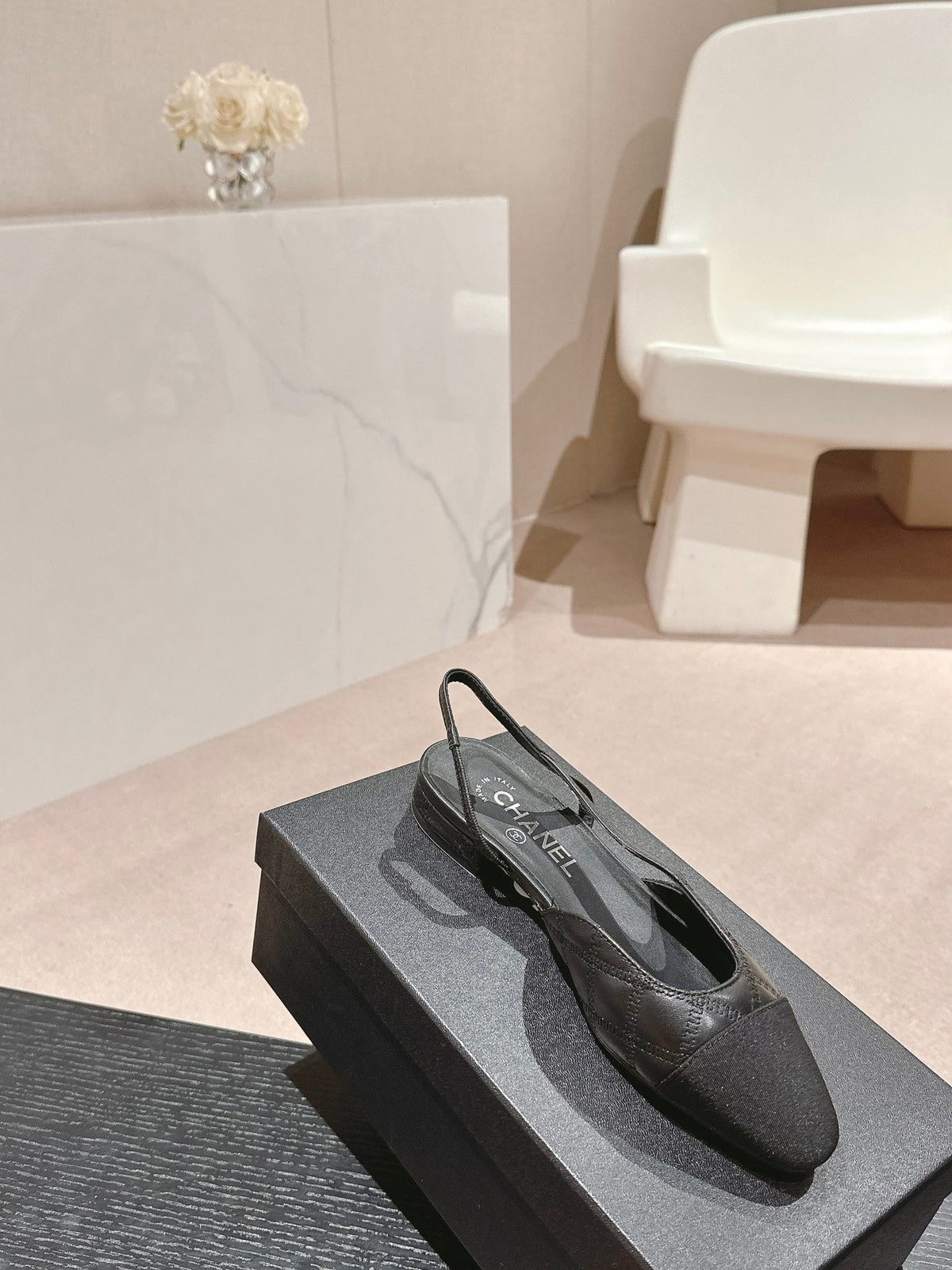 Chanel Slingbacks in Black Lambskin and Satin