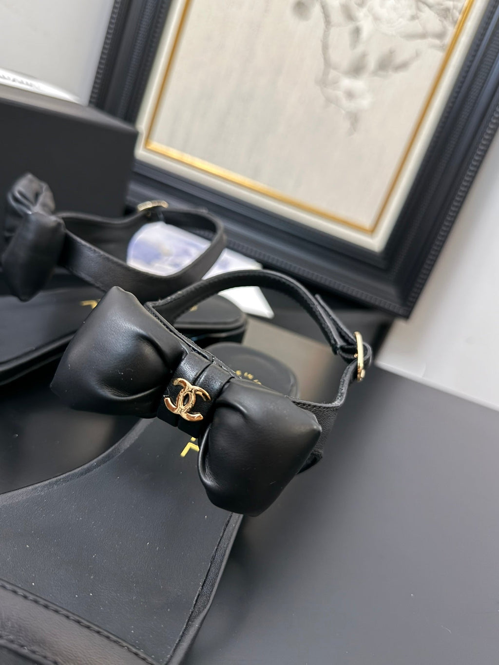 Chanel Flat Sandals in Black Calfskin with Bow