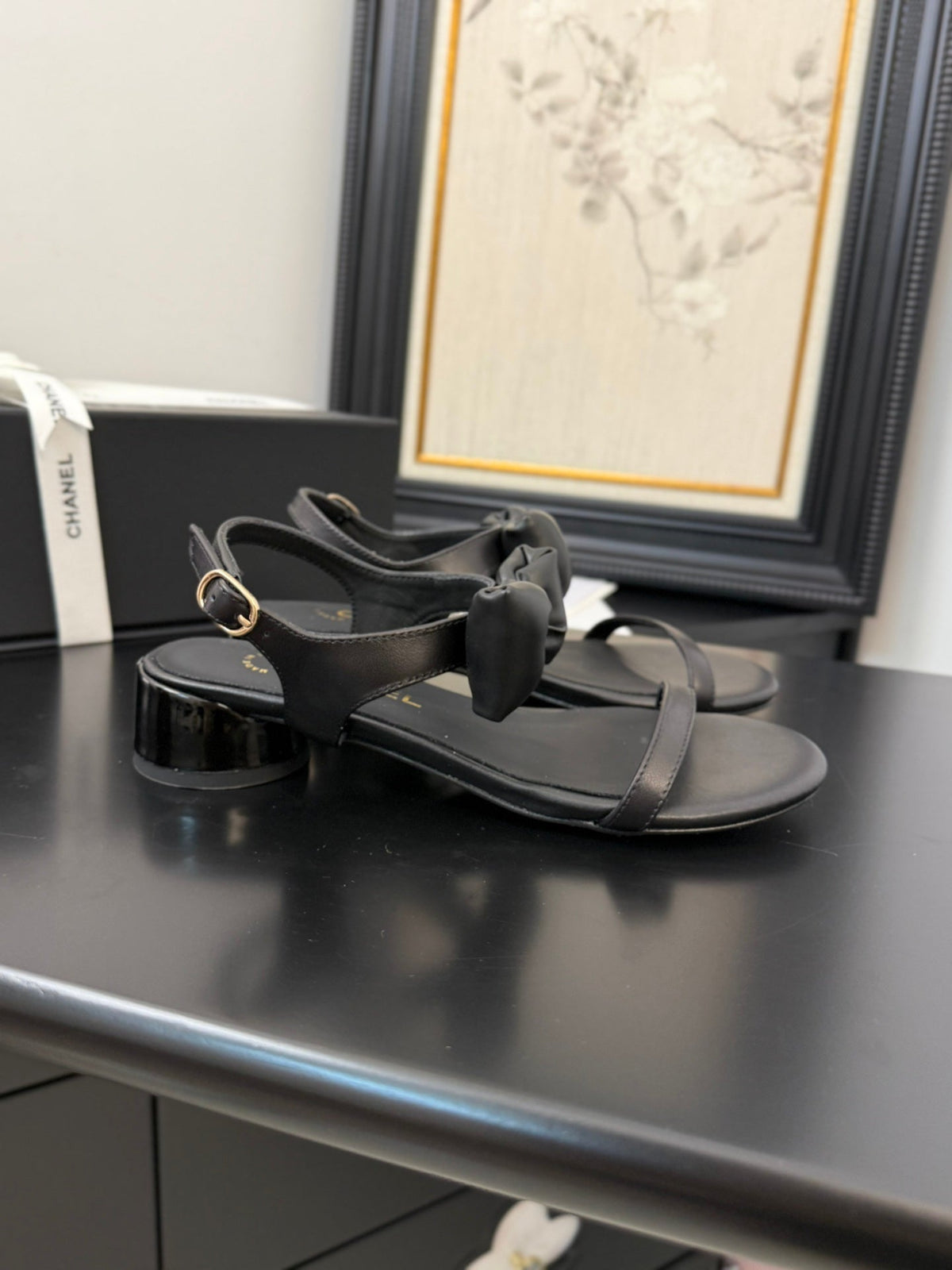 Chanel Flat Sandals in Black Calfskin with Bow