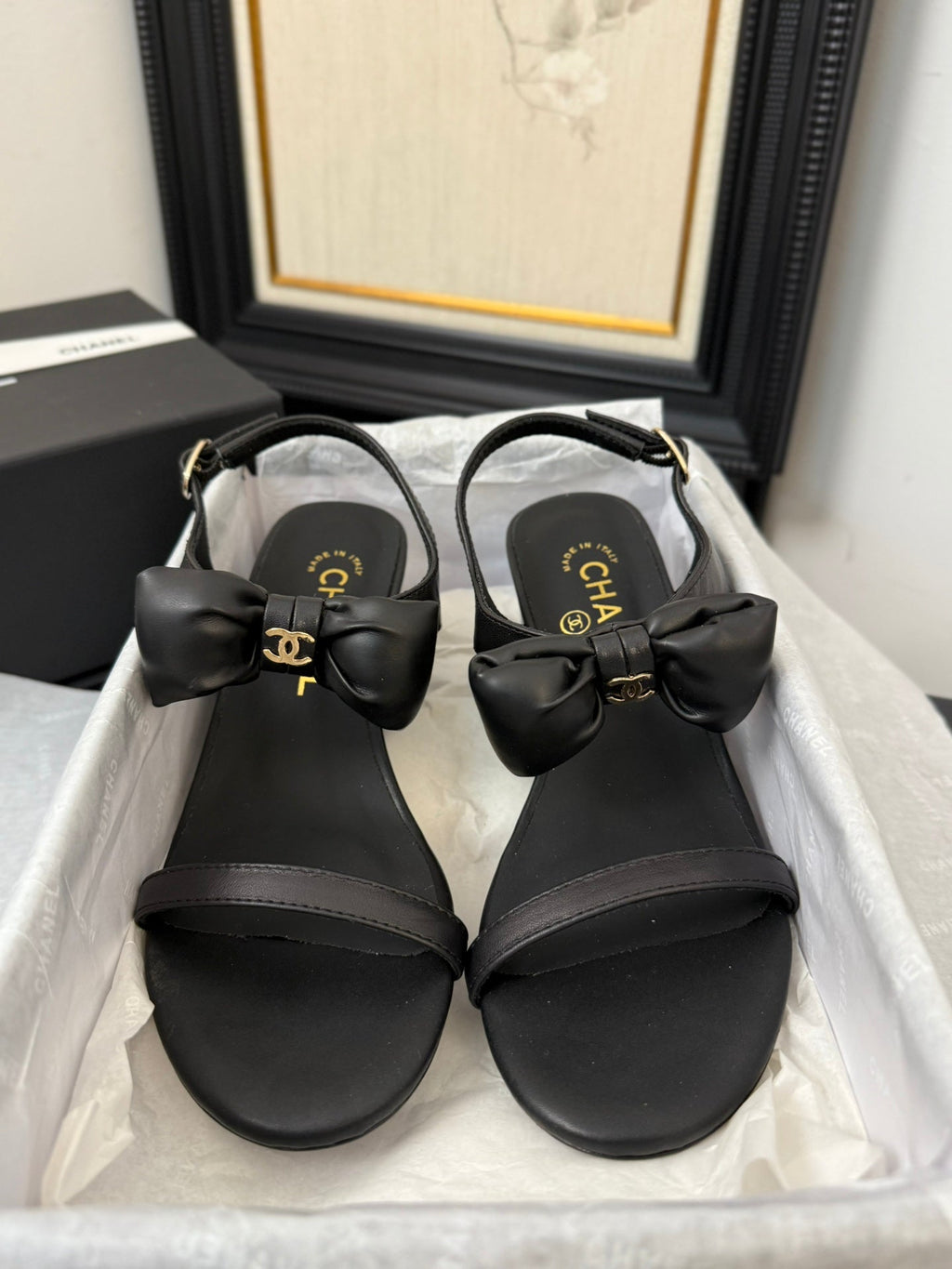 Chanel Mid Heel Sandals in Black Calfskin with Bow