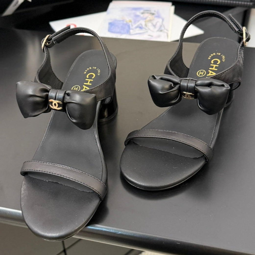 Chanel Mid Heel Sandals in Black Calfskin with Bow