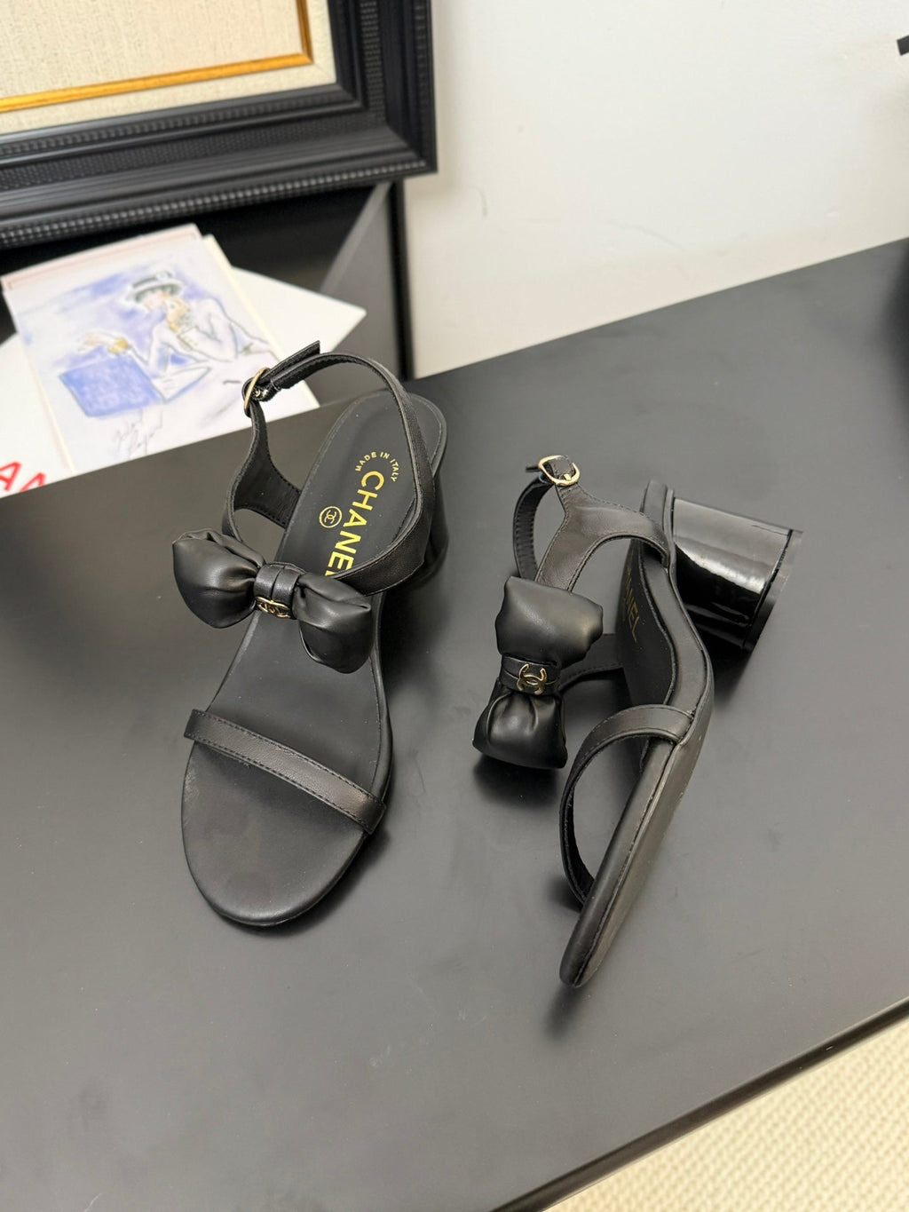 Chanel Mid Heel Sandals in Black Calfskin with Bow