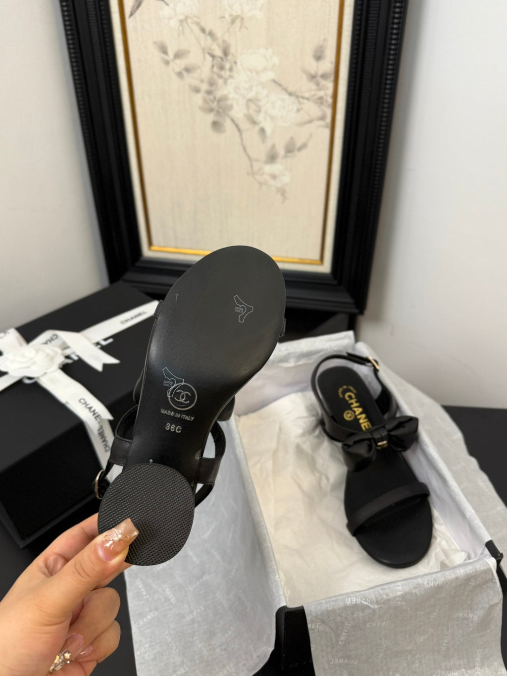 Chanel Mid Heel Sandals in Black Calfskin with Bow