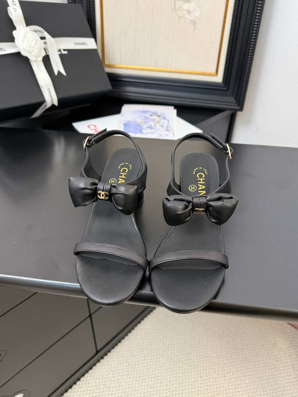 Chanel Mid Heel Sandals in Black Calfskin with Bow