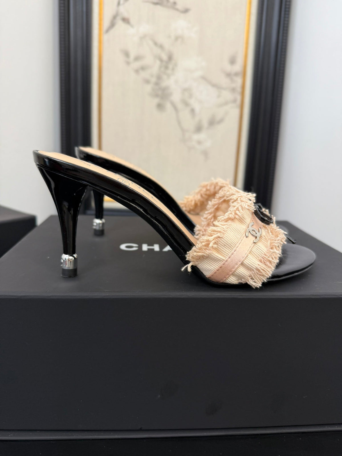 Chanel Peach Pink Grosgrain Canvas Bow Mule Sandals 90 mm