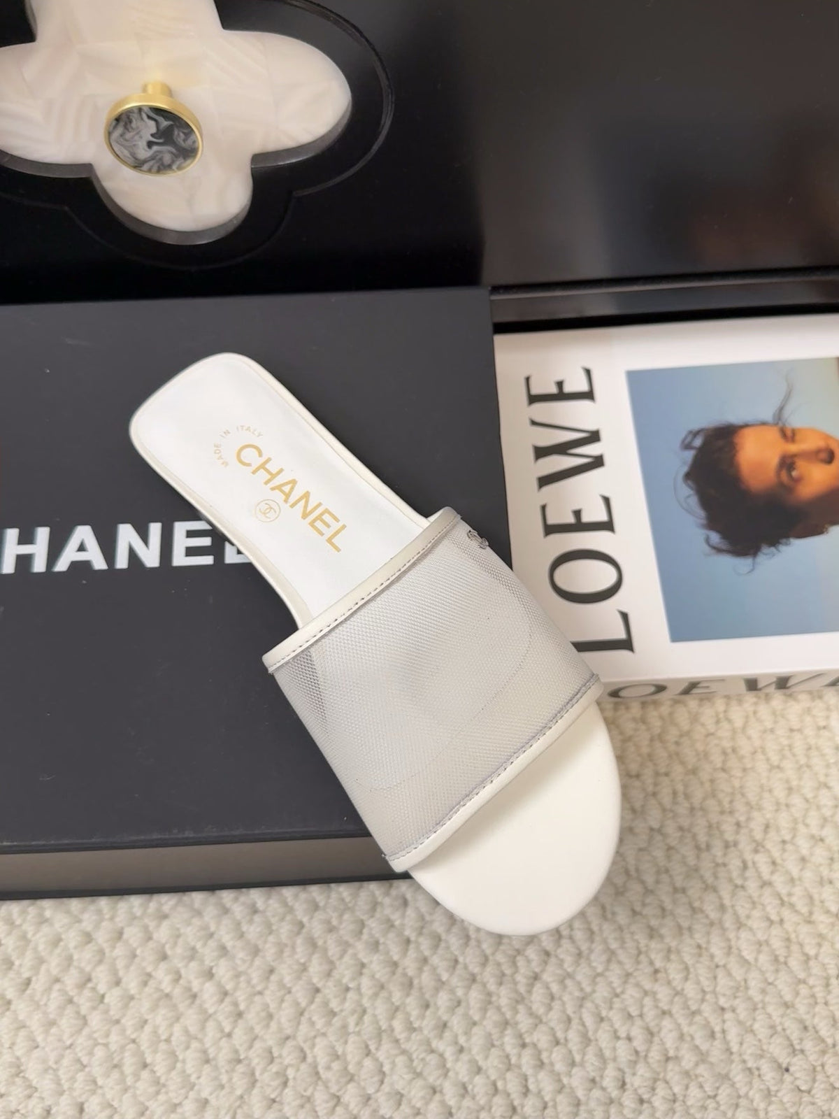 Chanel Flat Slide in White Mesh and Suede