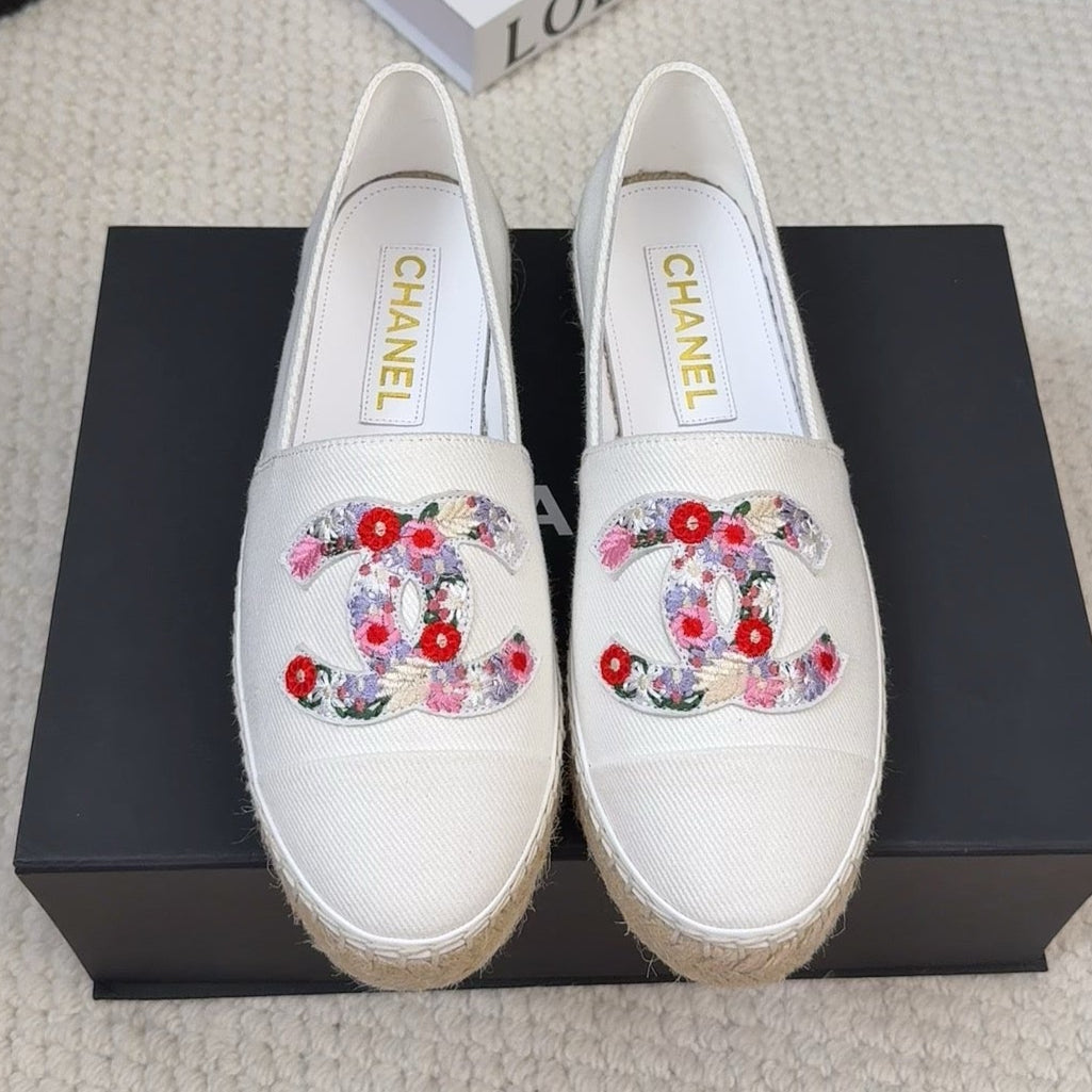 Chanel Loafer in White Canvas with Colorful Logo