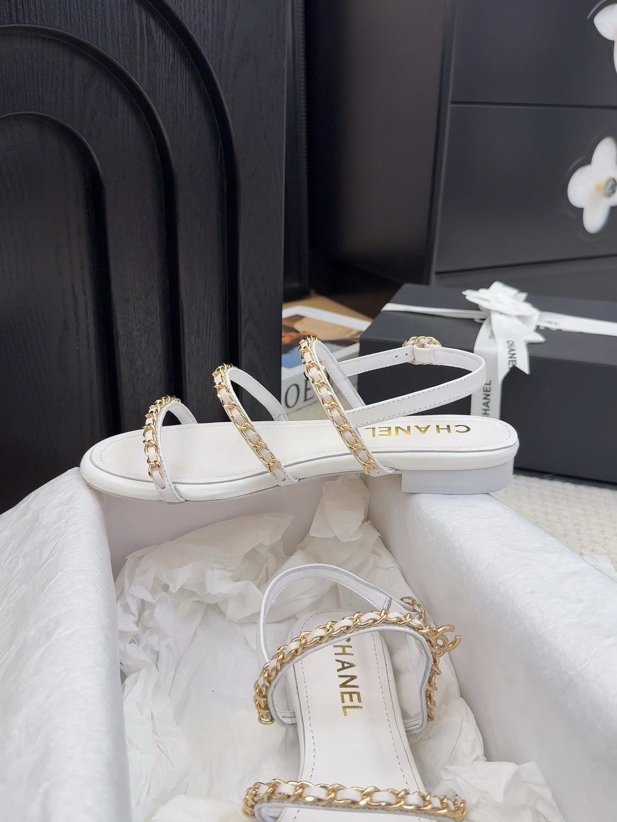 Chanel Three-Straps Sandals in White Calfskin with Gold Hardware