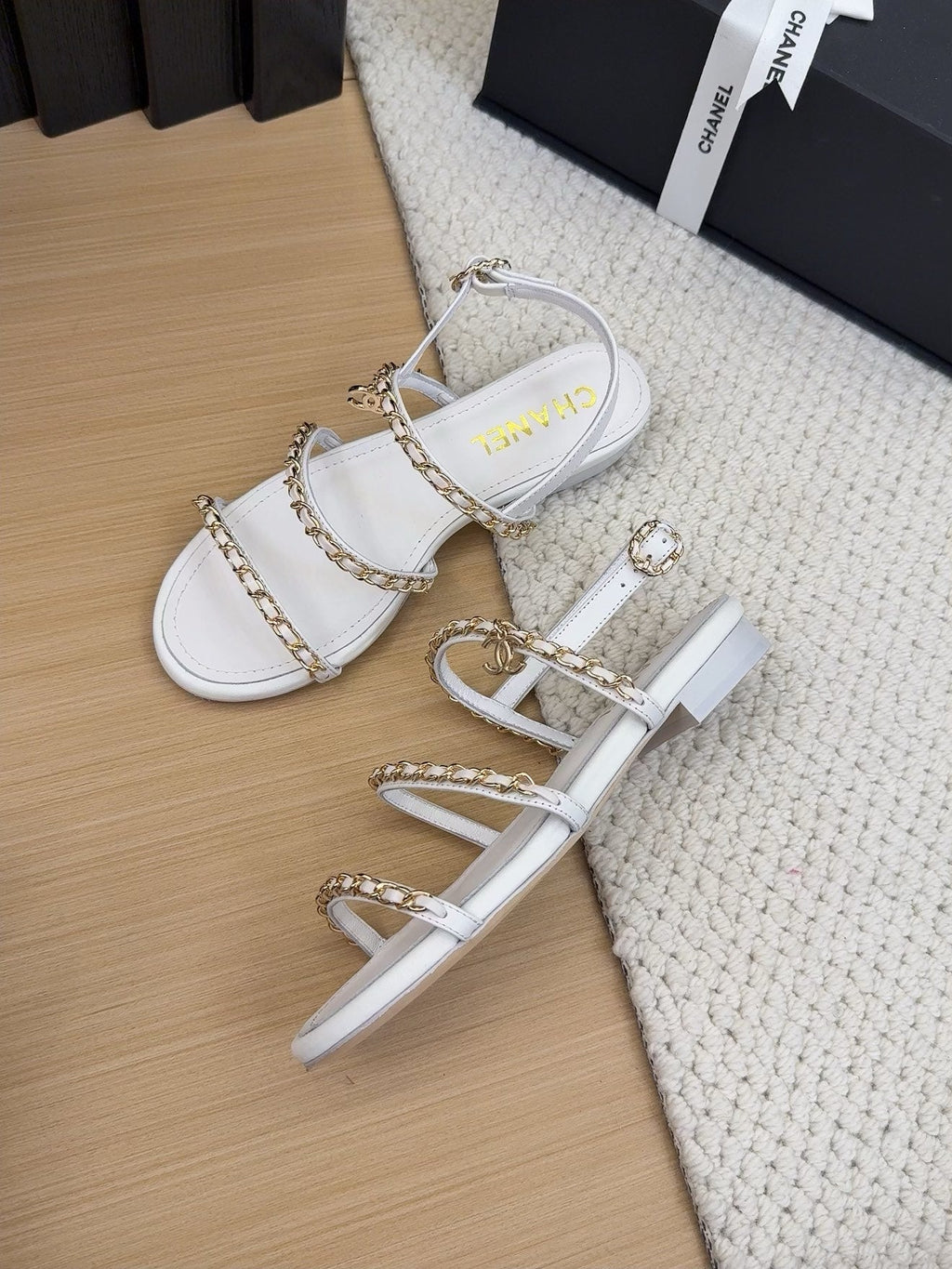 Chanel Three-Straps Sandals in White Calfskin with Gold Hardware