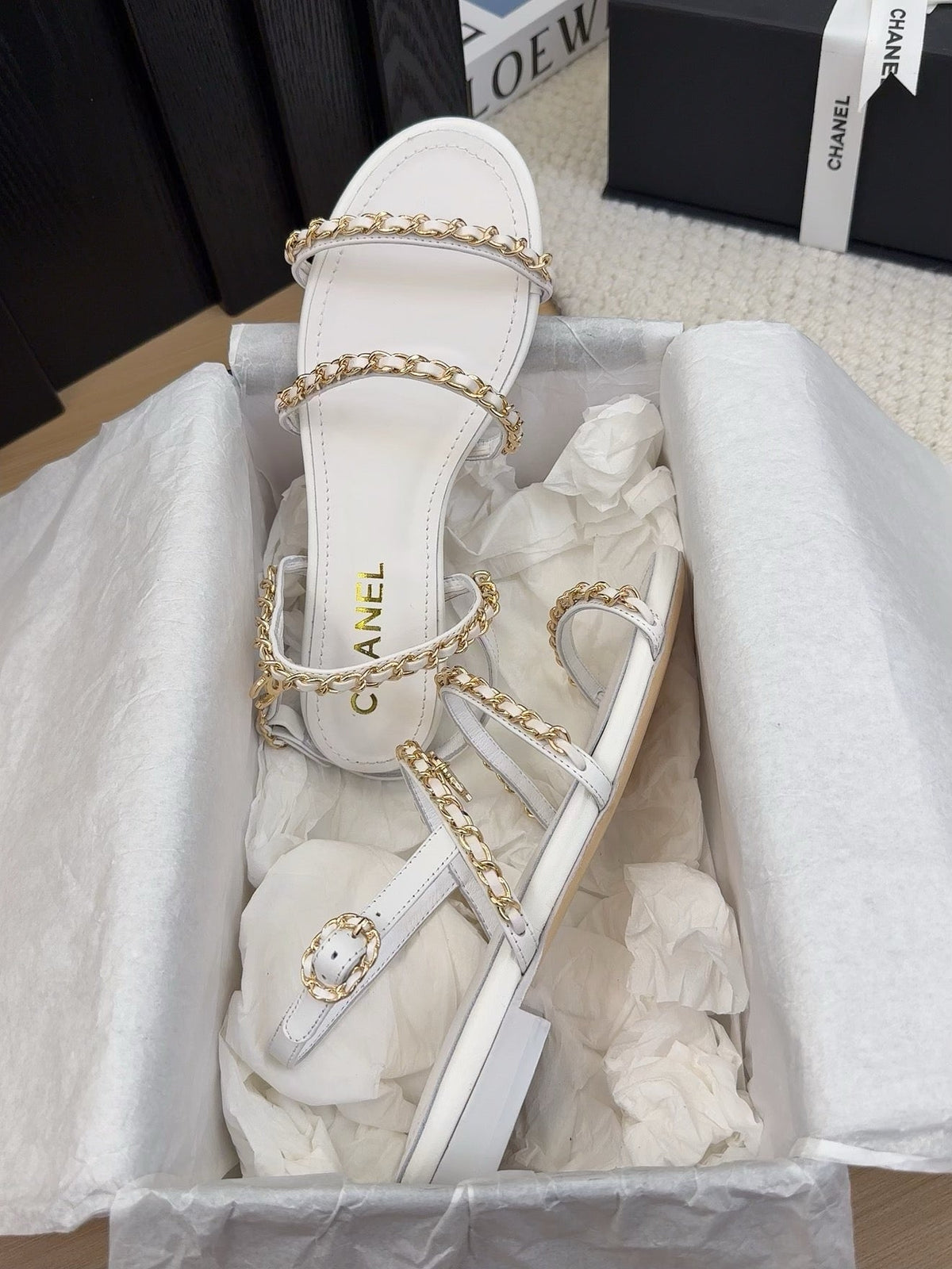 Chanel Three-Straps Sandals in White Calfskin with Gold Hardware