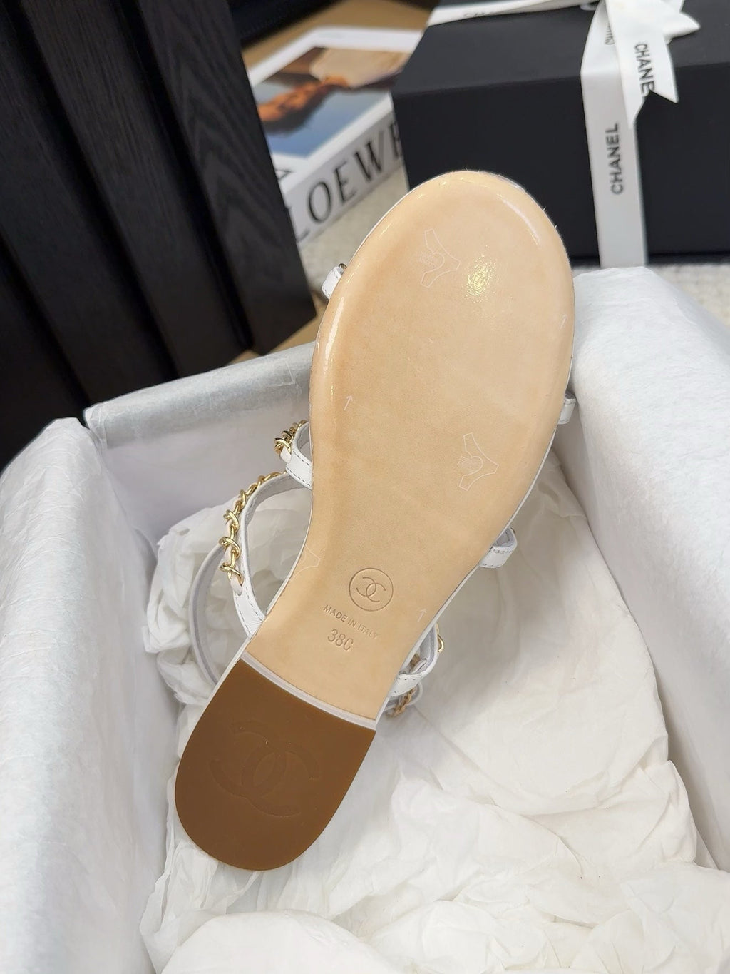 Chanel Three-Straps Sandals in White Calfskin with Gold Hardware