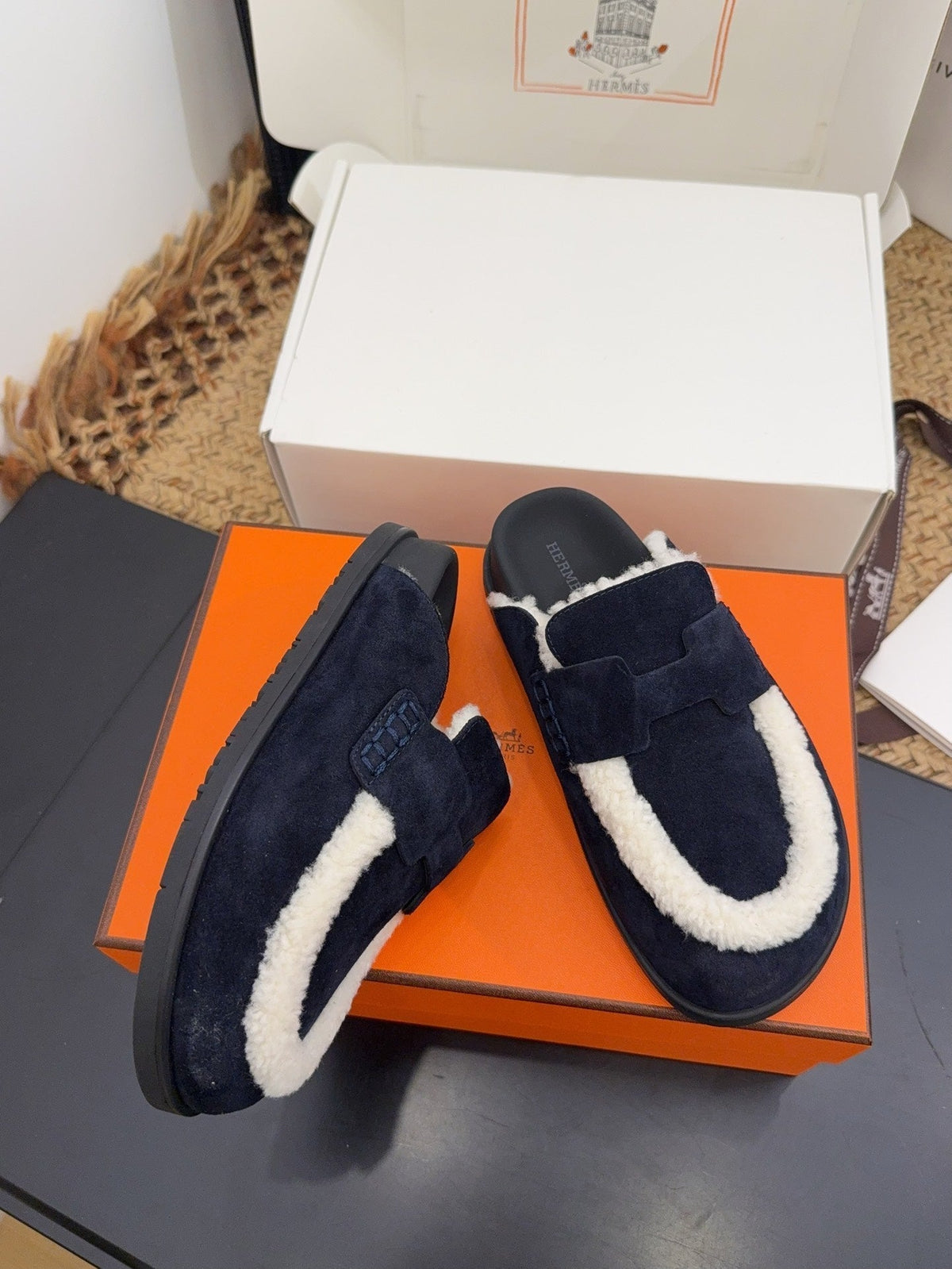 Hermes 25S Mule in Dark Slate Blue Suede Mix White Shearling