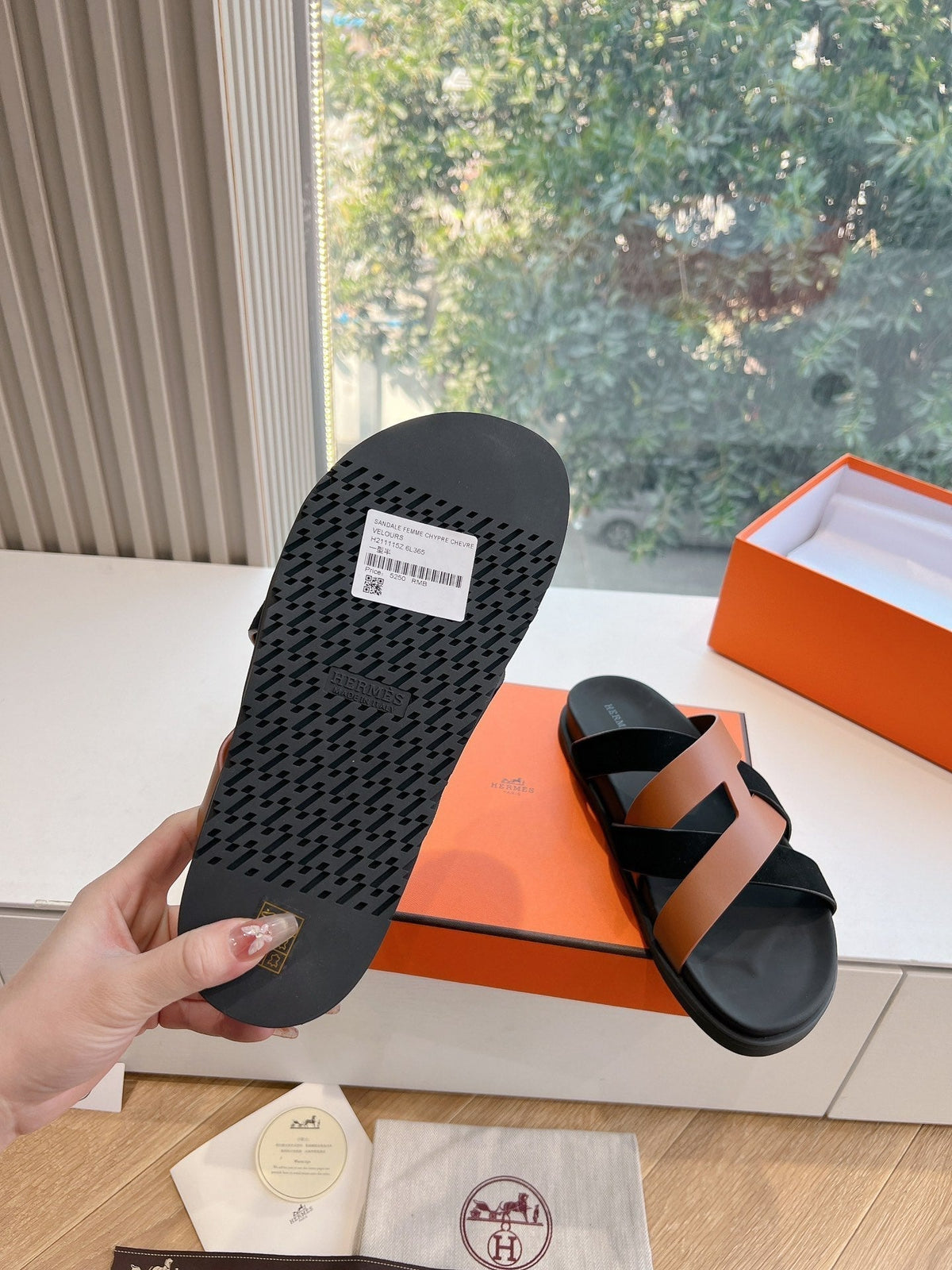 Hermes Kazimir Sandal in Bronze Brown Calfskin and Black Suede