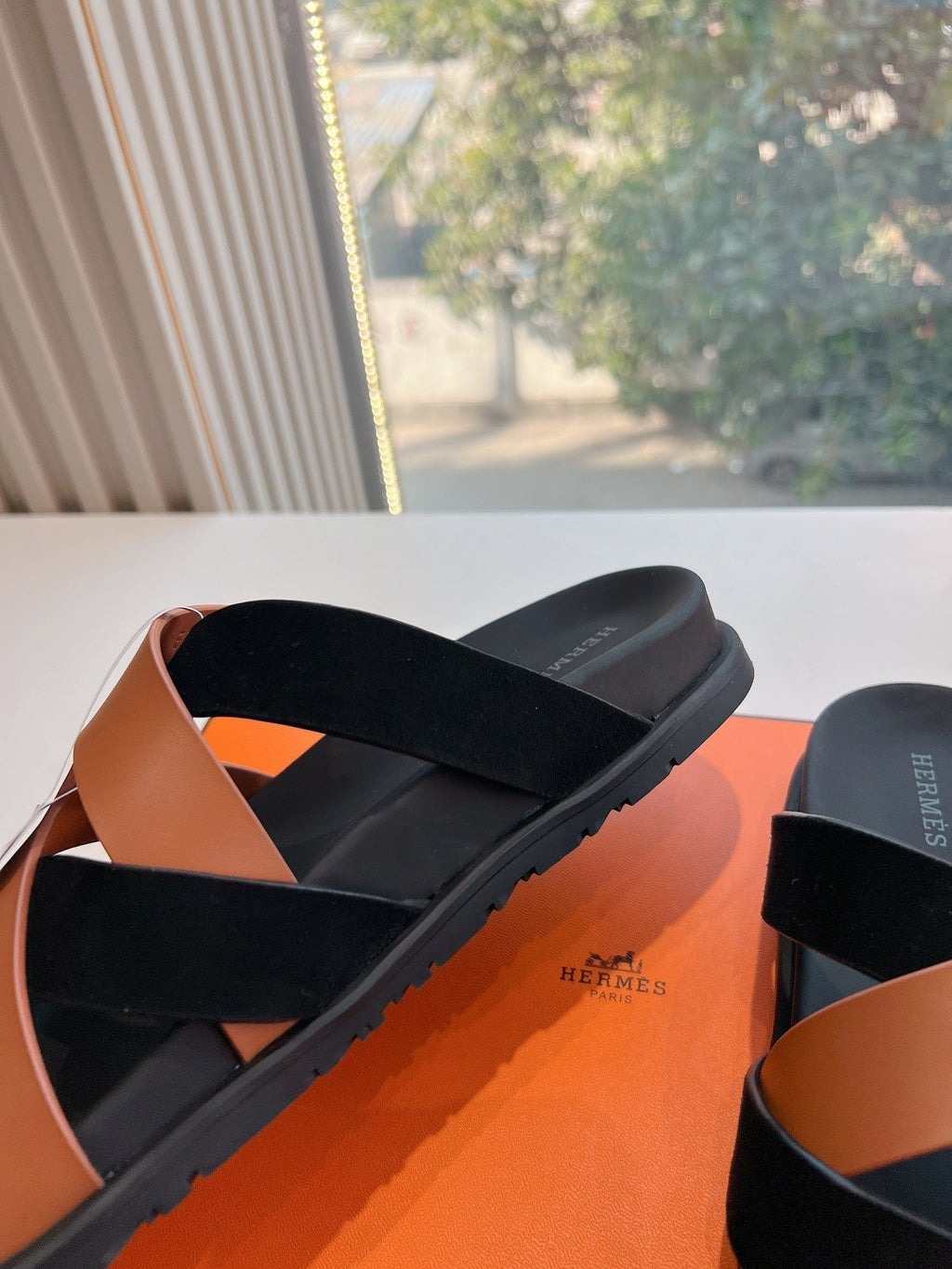 Hermes Kazimir Sandal in Bronze Brown Calfskin and Black Suede
