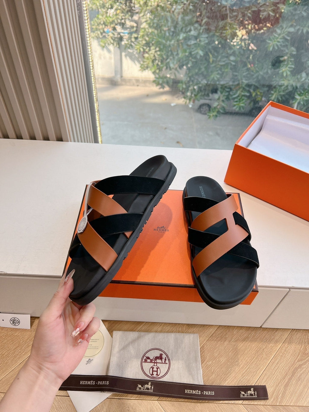 Hermes Kazimir Sandal in Bronze Brown Calfskin and Black Suede