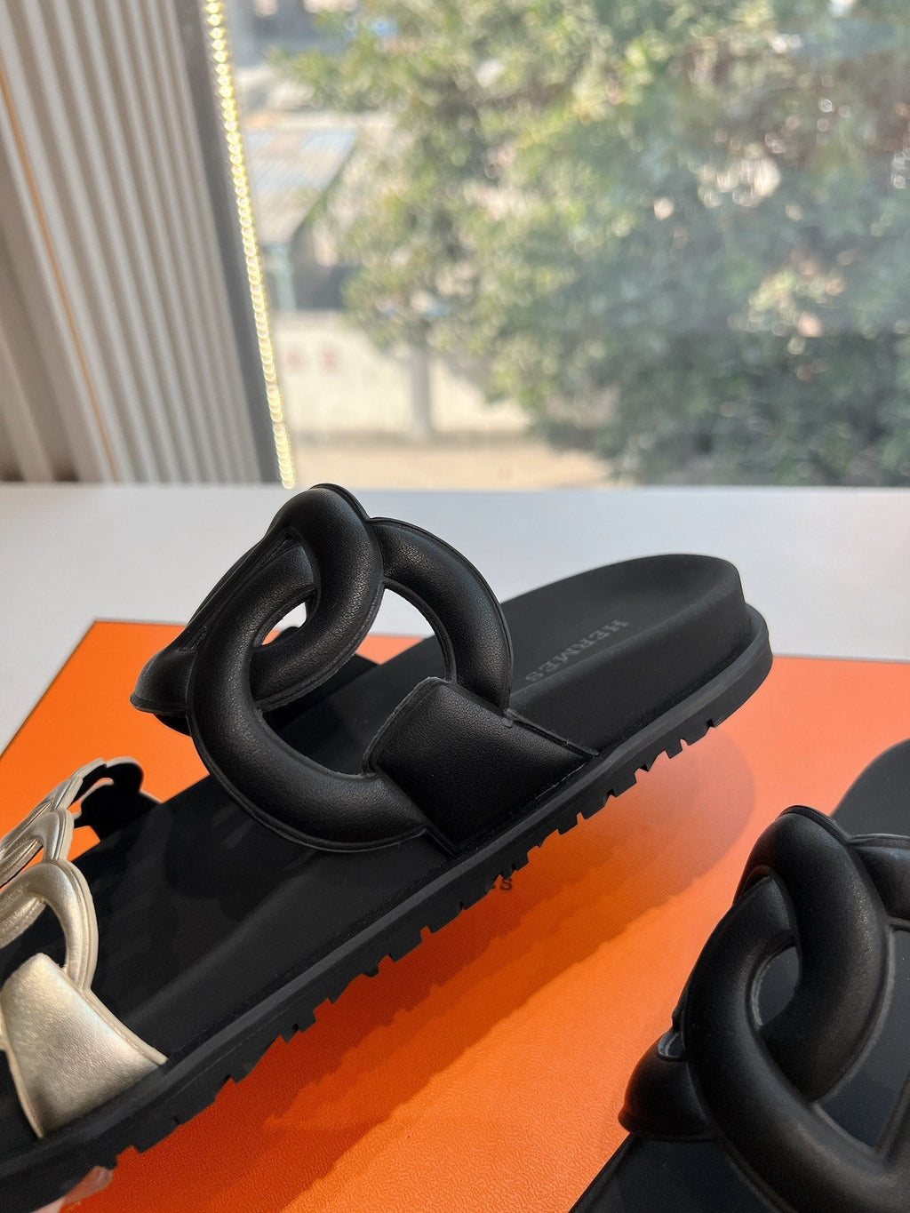 Hermes Extra Sandal in Black Mix Silver Calfskin