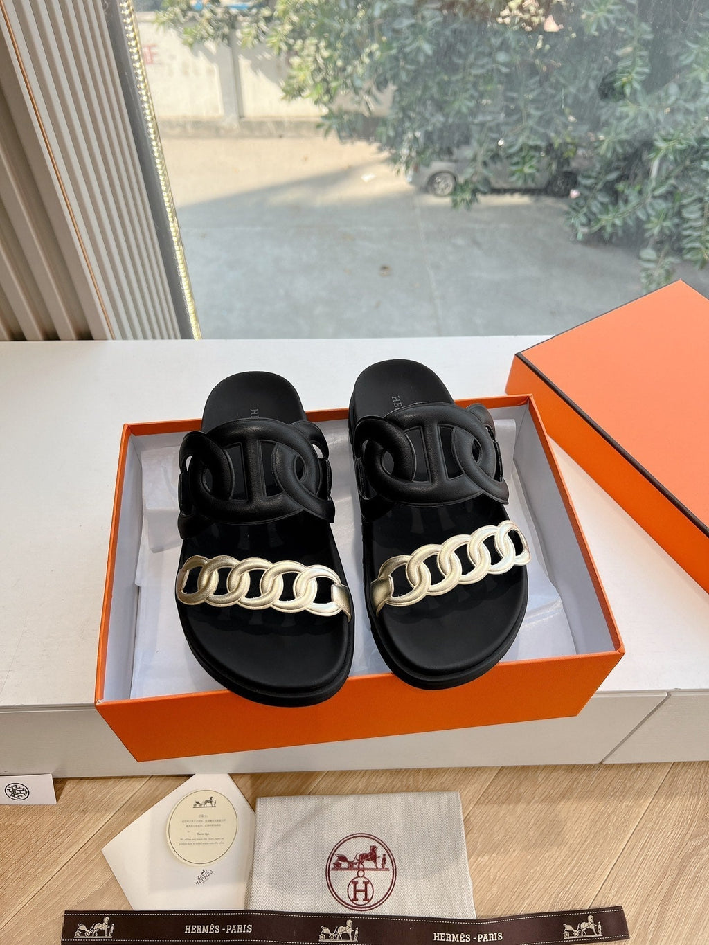 Hermes Extra Sandal in Black Mix Silver Calfskin