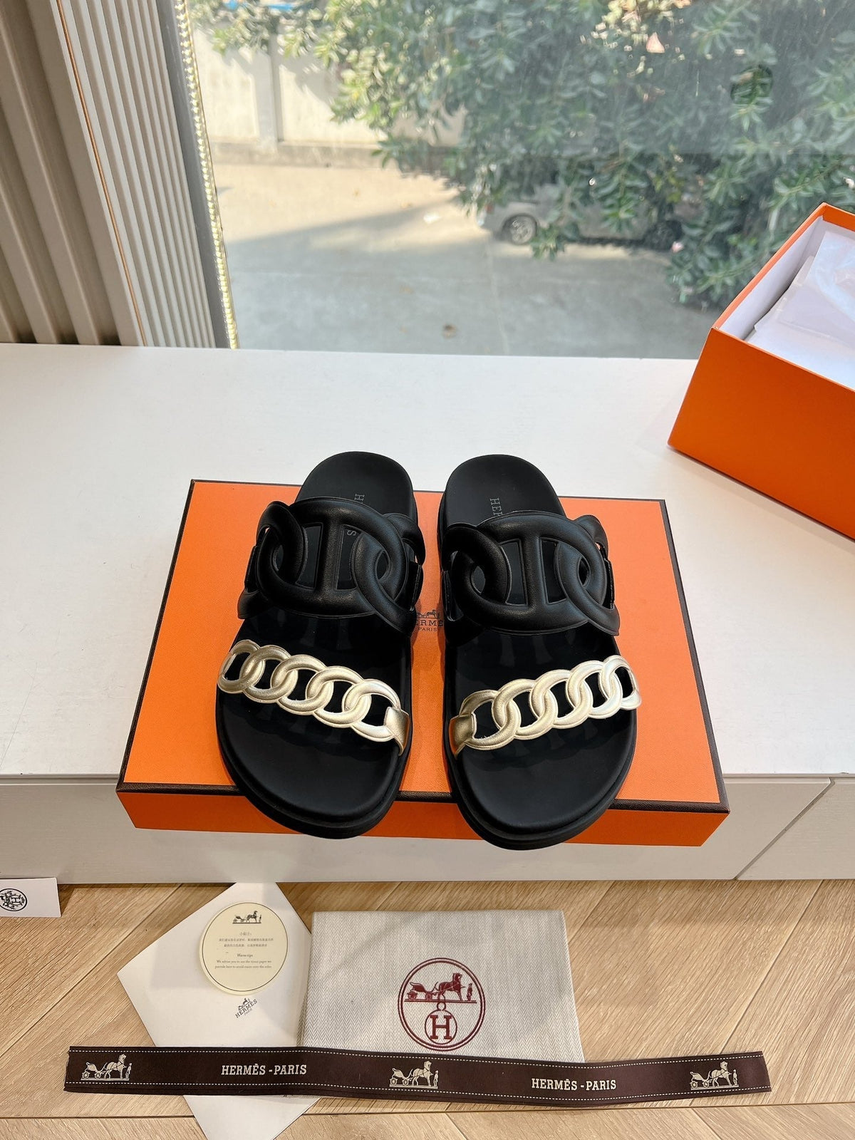 Hermes Extra Sandal in Black Mix Silver Calfskin