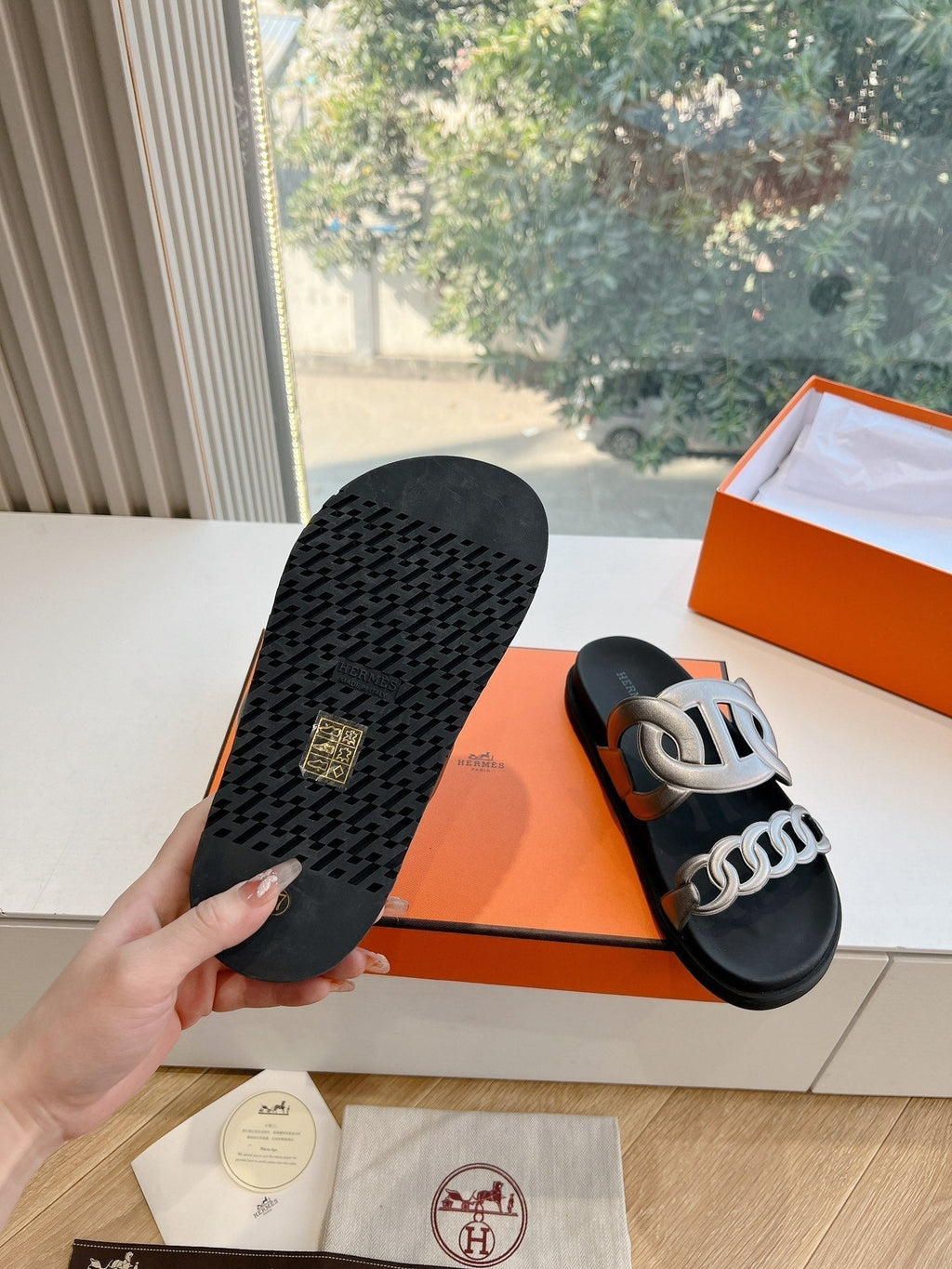 Hermes Extra Sandal in Silver Calfskin