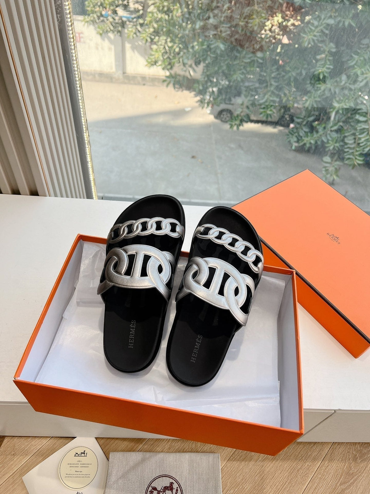 Hermes Extra Sandal in Silver Calfskin