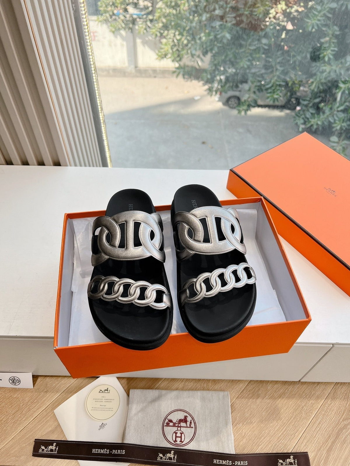 Hermes Extra Sandal in Silver Calfskin