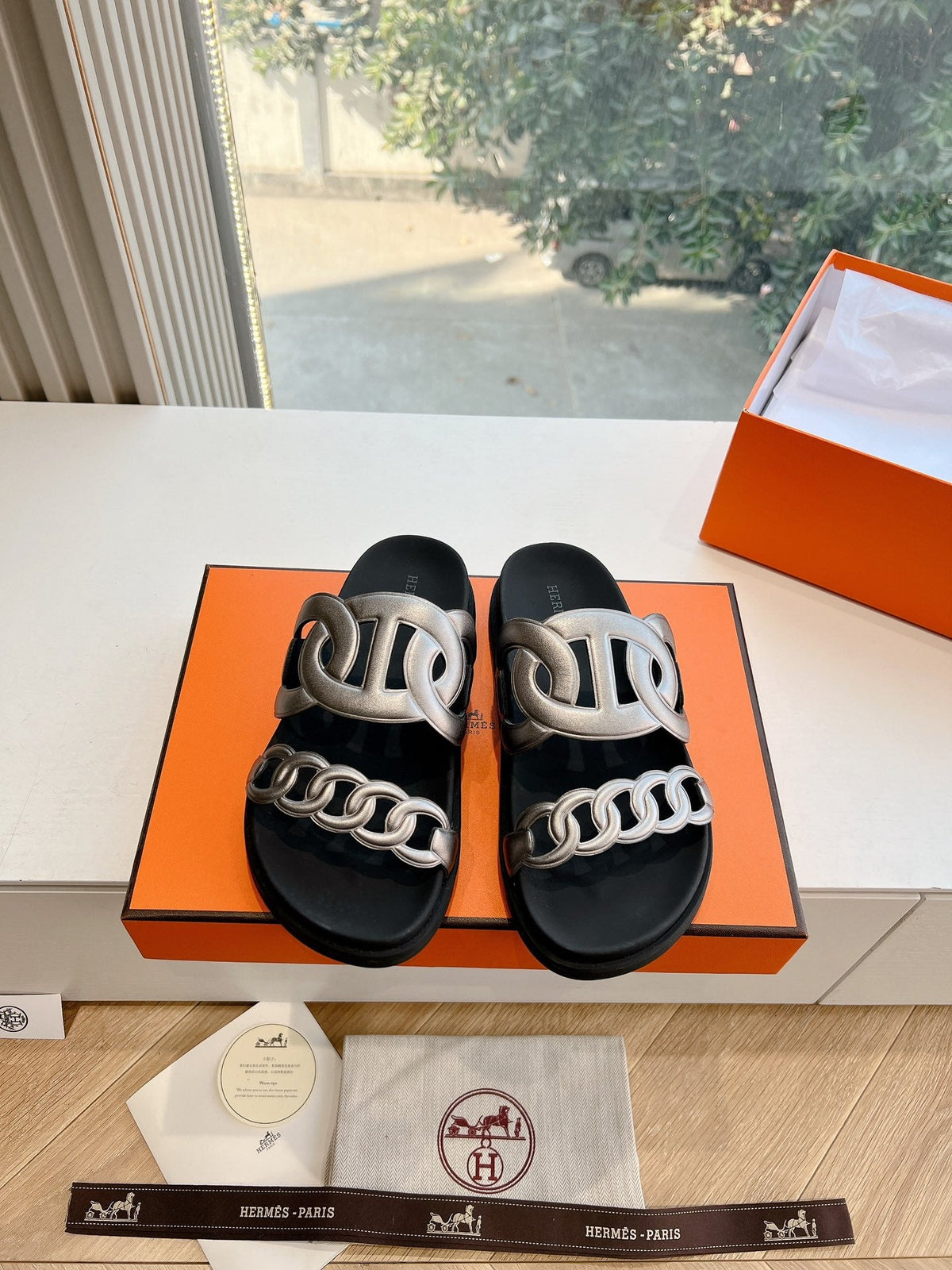Hermes Extra Sandal in Silver Calfskin