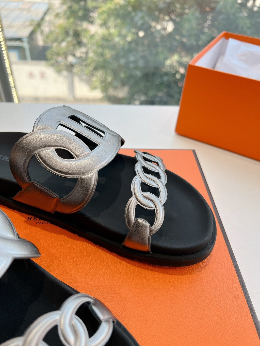 Hermes Extra Sandal in Silver Calfskin