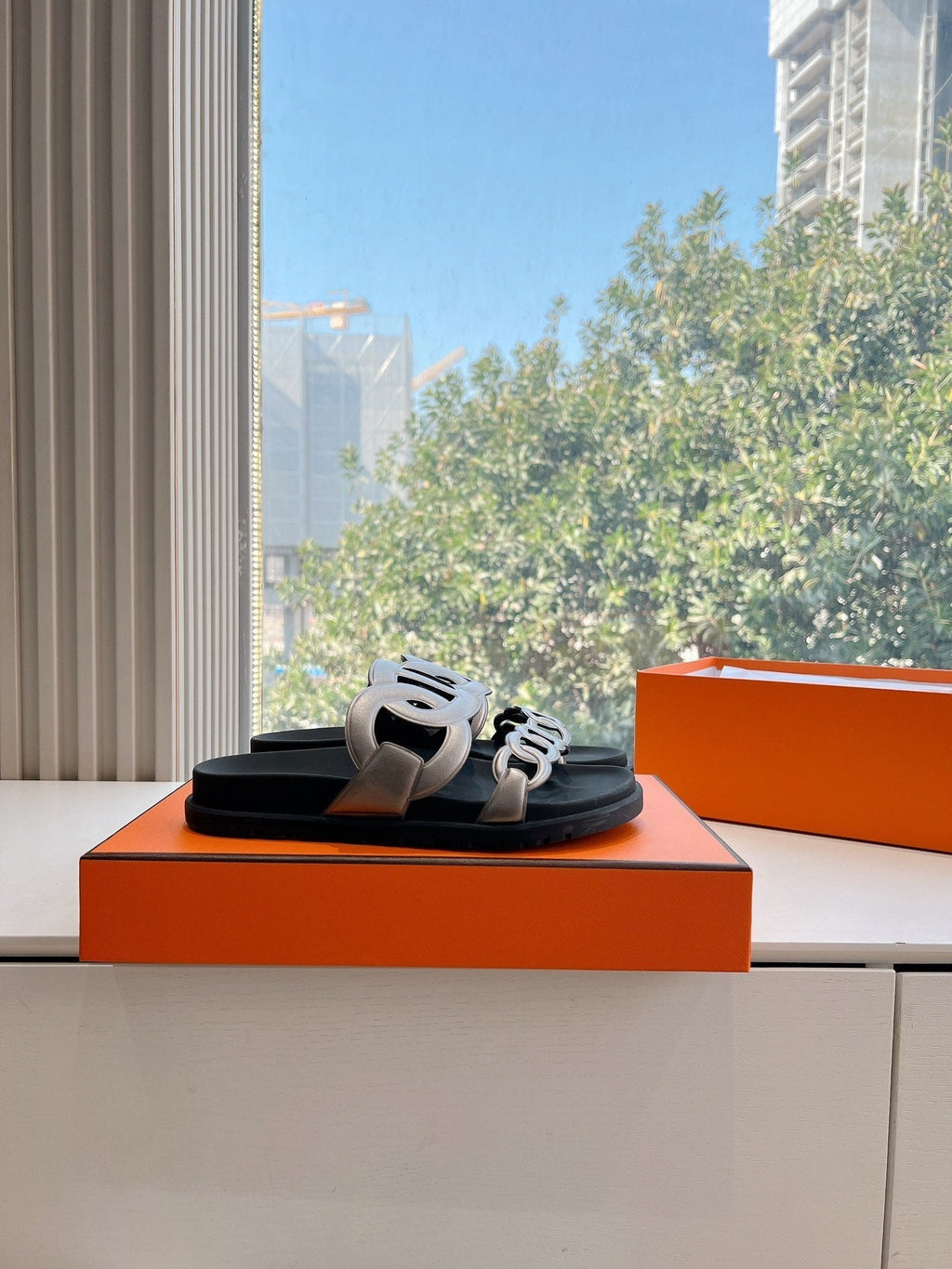 Hermes Extra Sandal in Silver Calfskin