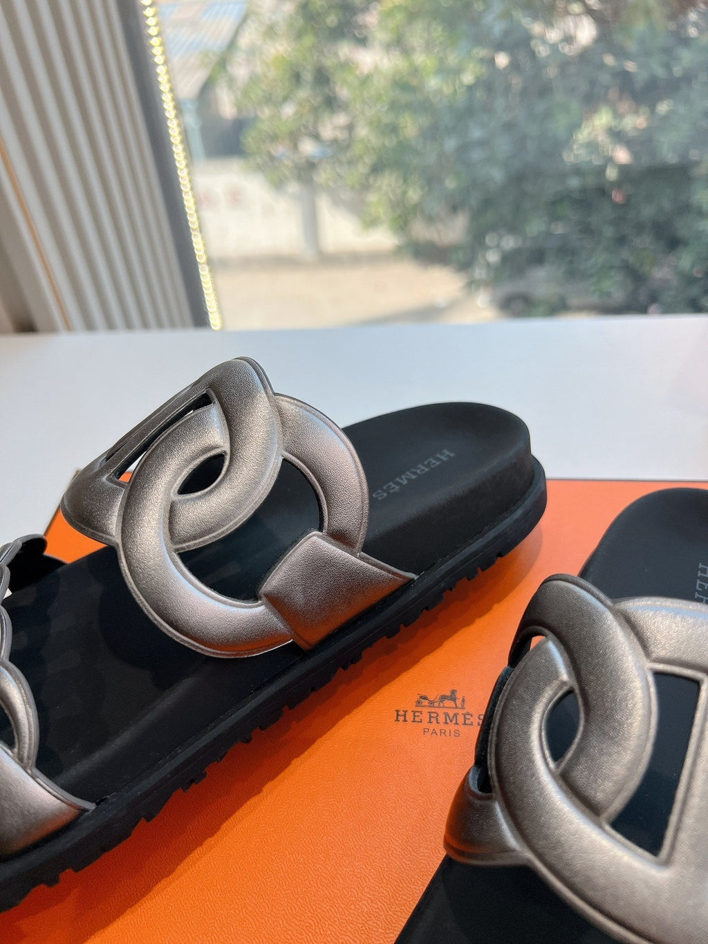 Hermes Extra Sandal in Silver Calfskin