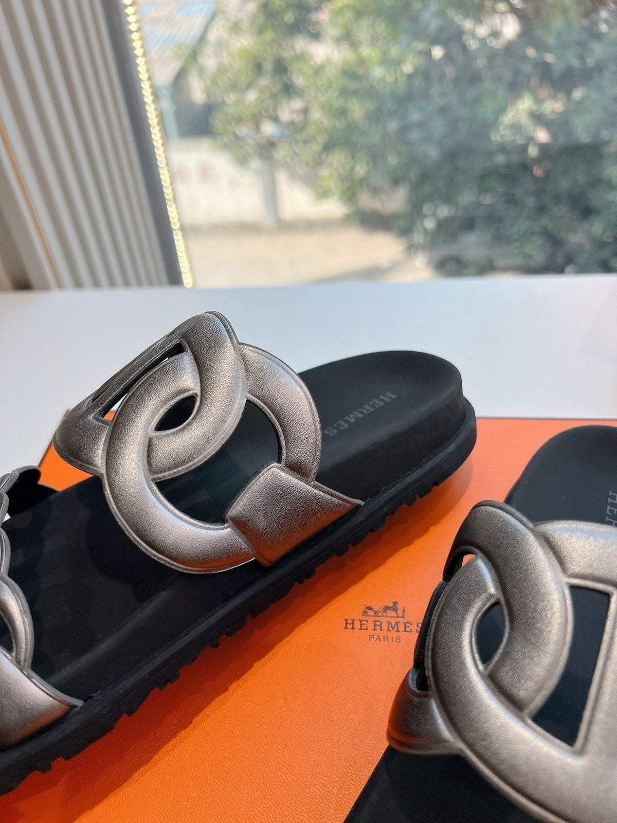 Hermes Extra Sandal in Silver Calfskin