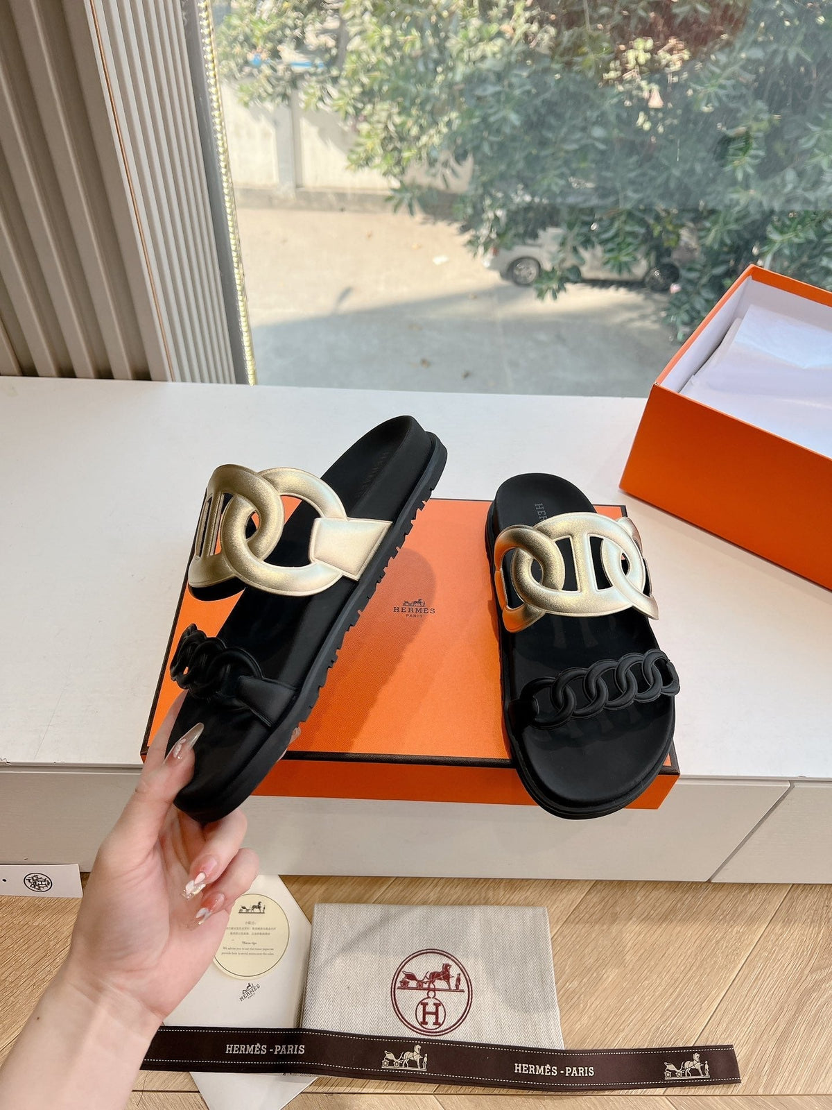 Hermes Extra Sandal in Gold Mix Black Calfskin