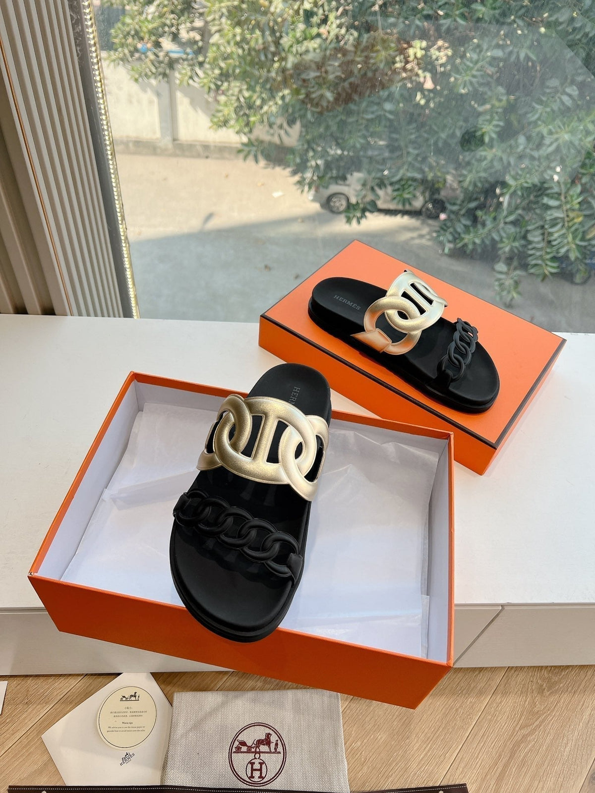 Hermes Extra Sandal in Gold Mix Black Calfskin