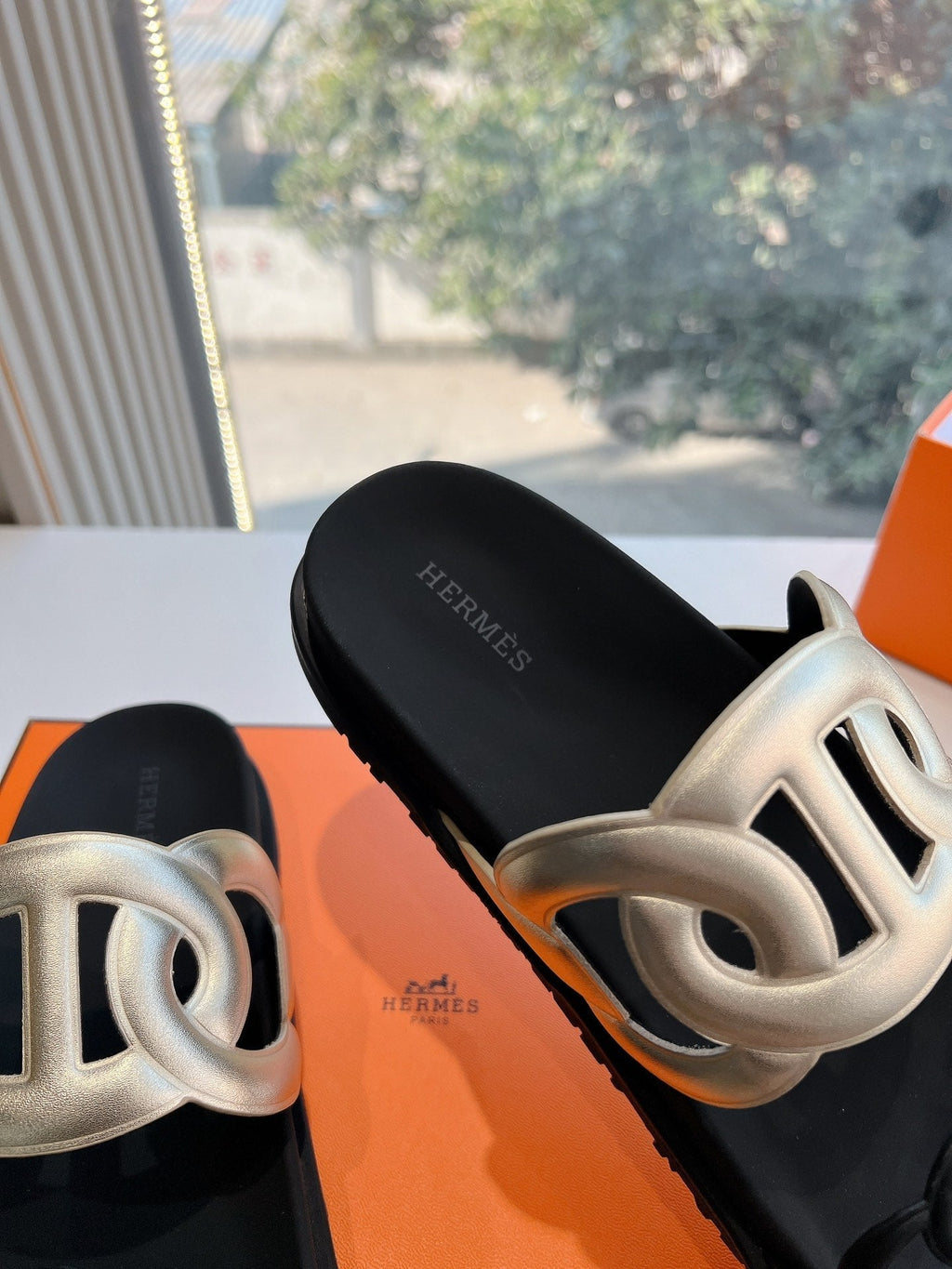 Hermes Extra Sandal in Gold Mix Black Calfskin
